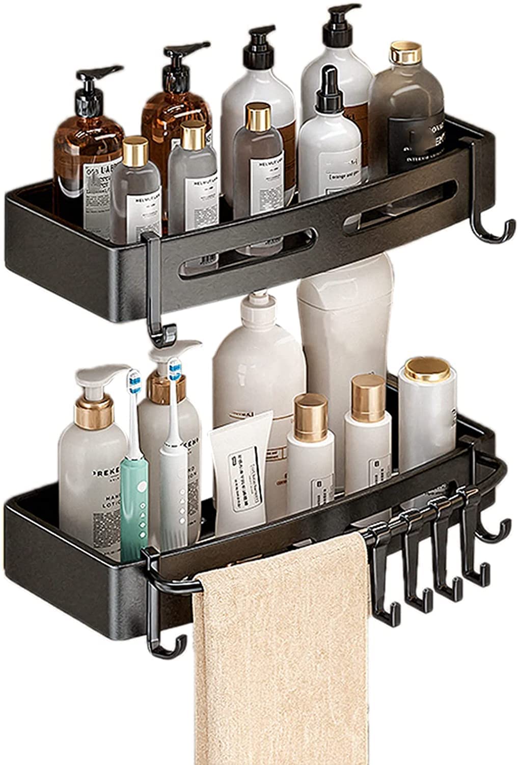 AKAZI Estante de Ducha Adhesivo Estantería de Pared para baño Estantes de Ducha Sin Taladro con Espacio de Gancho Aluminio para baño Cocina,Silver B,1 Story (Black B 2 Layer)