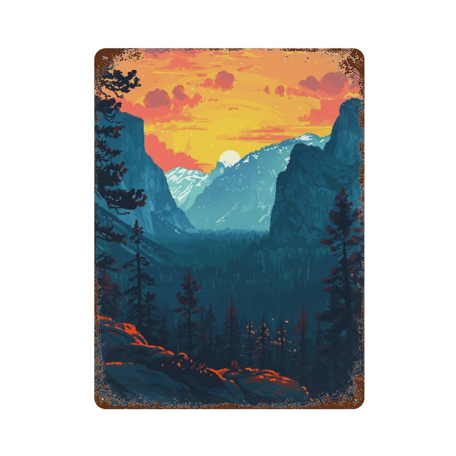 Yosemite Evening Pixel Art 15.7"x11.8" Aged Metal Wall Plaque, Retro Wall Decor for Farmhouse, Kitchen And Entryway Decor