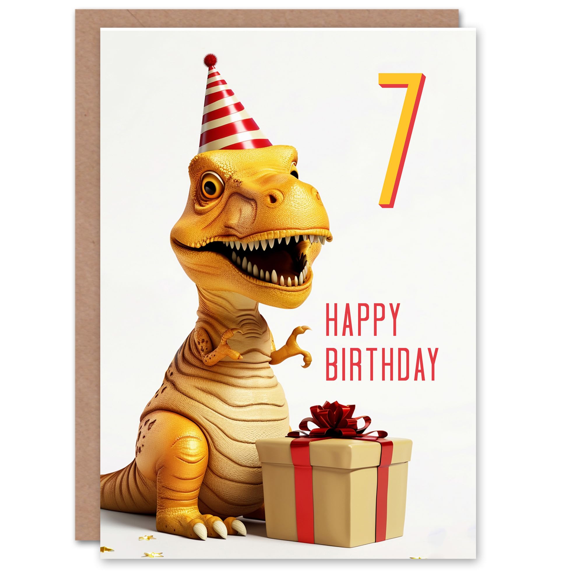 Artery8 7th Birthday Card Baby T-Rex Dinosaur Party Hat Kids Age 7 Year Old Child For Son Daughter Girl Boy Happy Card
