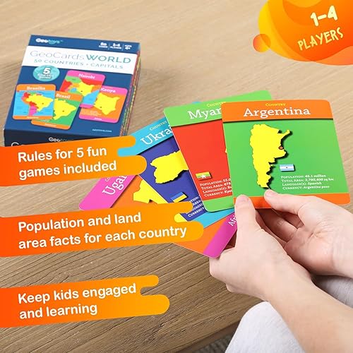Miniatura 3 de Geotoys GeoCards, paquete de tarjetas flash World & USA Juego de geografía, juegos de cartas para niños para familias, hogar, escuela y viajes