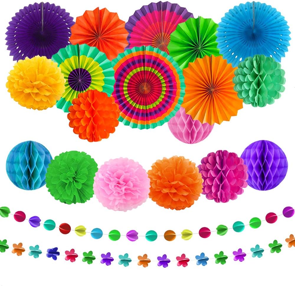 aovowog 21Pcs Party Decorations Set Hanging Paper Fans Paper lanterns Honeycomb Pom Poms Flowers Garlands Party Decorations for Birthday Garden Wedding Party Baby Shower Decoration