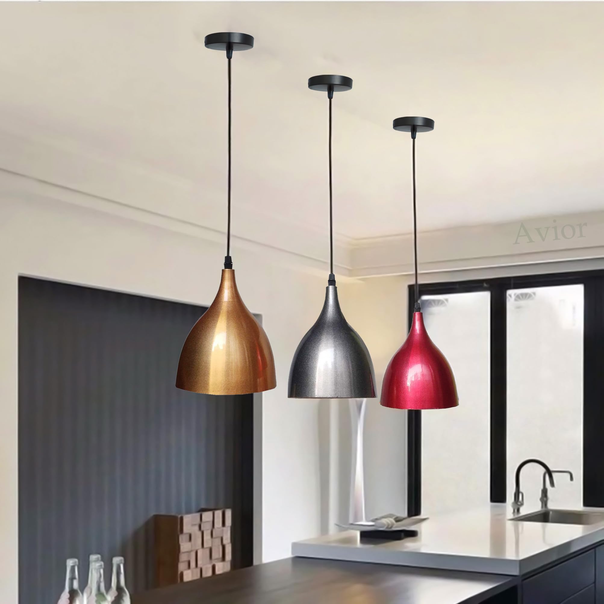 Avior Cafe Counter Ceiling Hanging Light, Pendant Lamp for Kitchen (Aluminum, Golden, Grey, Red) - Set of 3 Pieces-picture-37