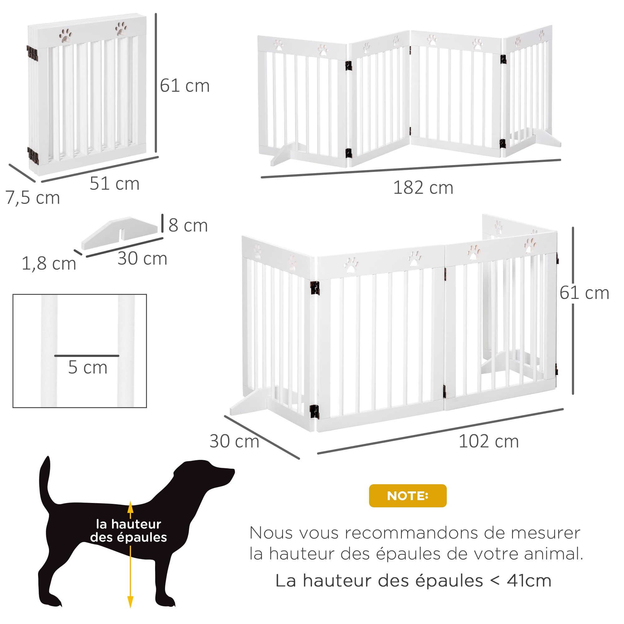 PawHut Barrière de sécurité barrière modulable Pliable pour Animaux de Compagnie 4 Panneaux en Bois de pin Massif 204 x 30 x 61 cm Blanc | pour Animaux de Compagnie, 4 Panneaux, Bois de Pin Massif