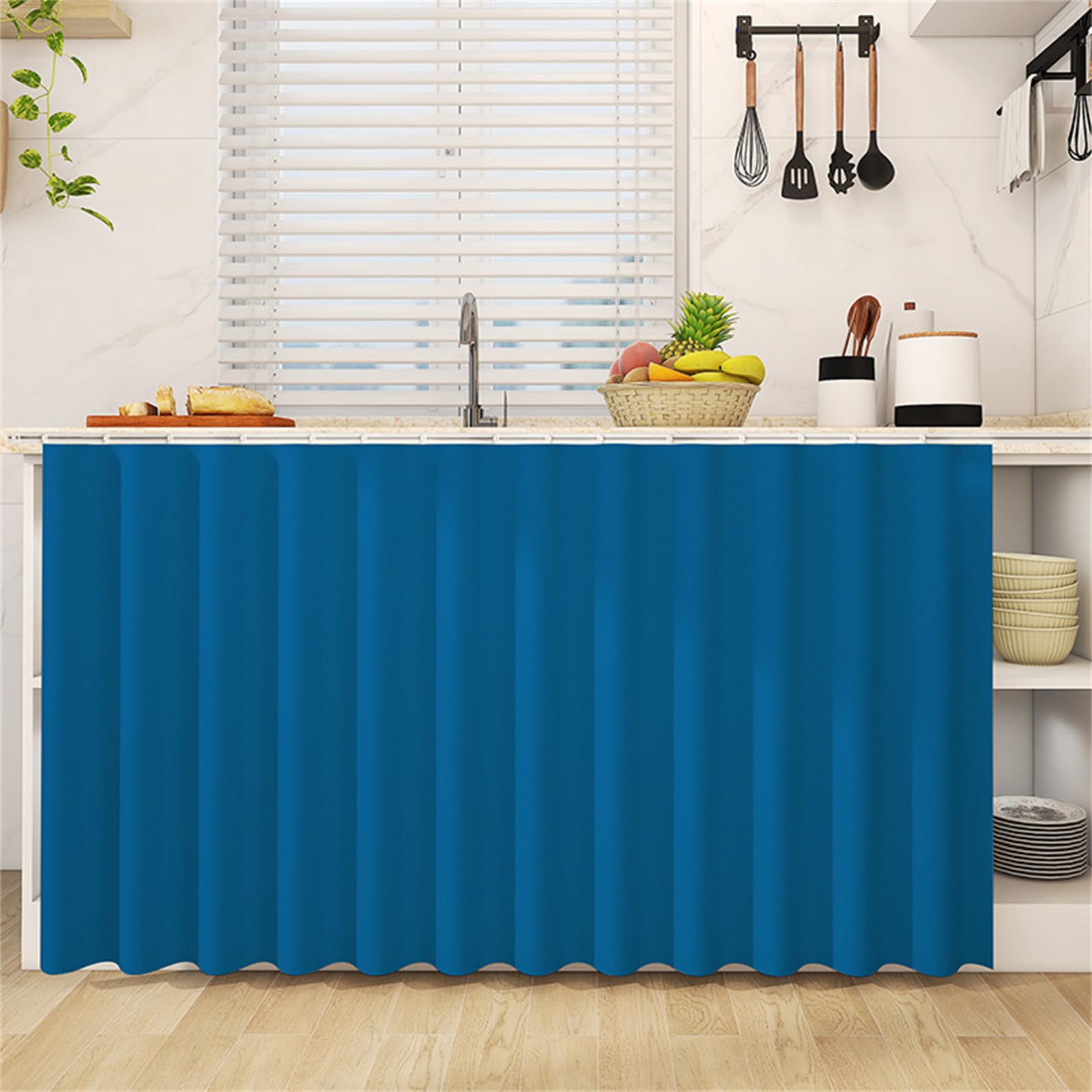 Highdi Cupboard Short Curtain Kitchen, Hide Away Small Curtains for Kitchen Cupboard Door - No Drilling Is Required with Hook and Loop for Under Sink-Solid Colour (Blue,100 * 140cm)