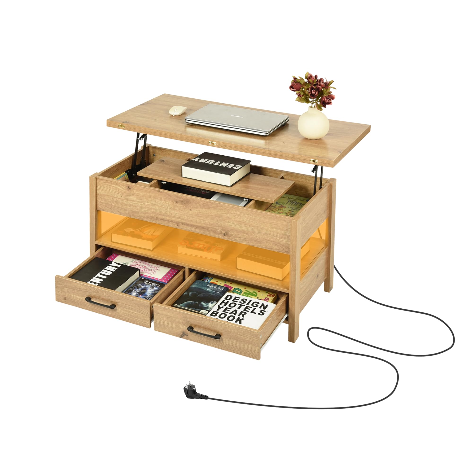 Tavolino da Salotto Regolabile in Altezza, Tavolo Pieghevole Allungabile Trasformabile in Tavolino da Caffè con Cassetti e Vano Nascosto Salotto Moderno Mobili Soggiorno/100x50x50CM-Stile-A/Faux Oak