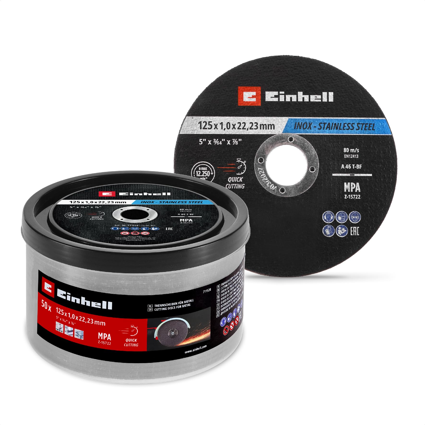 Original Einhell Trennscheiben Metall, 50-tlg., Ø 125 mm in Dose (Schnelles Trennen, Metallverarbeitung, Leichter Schnitt, MPA-zertifiziert, Markenunabhängig)