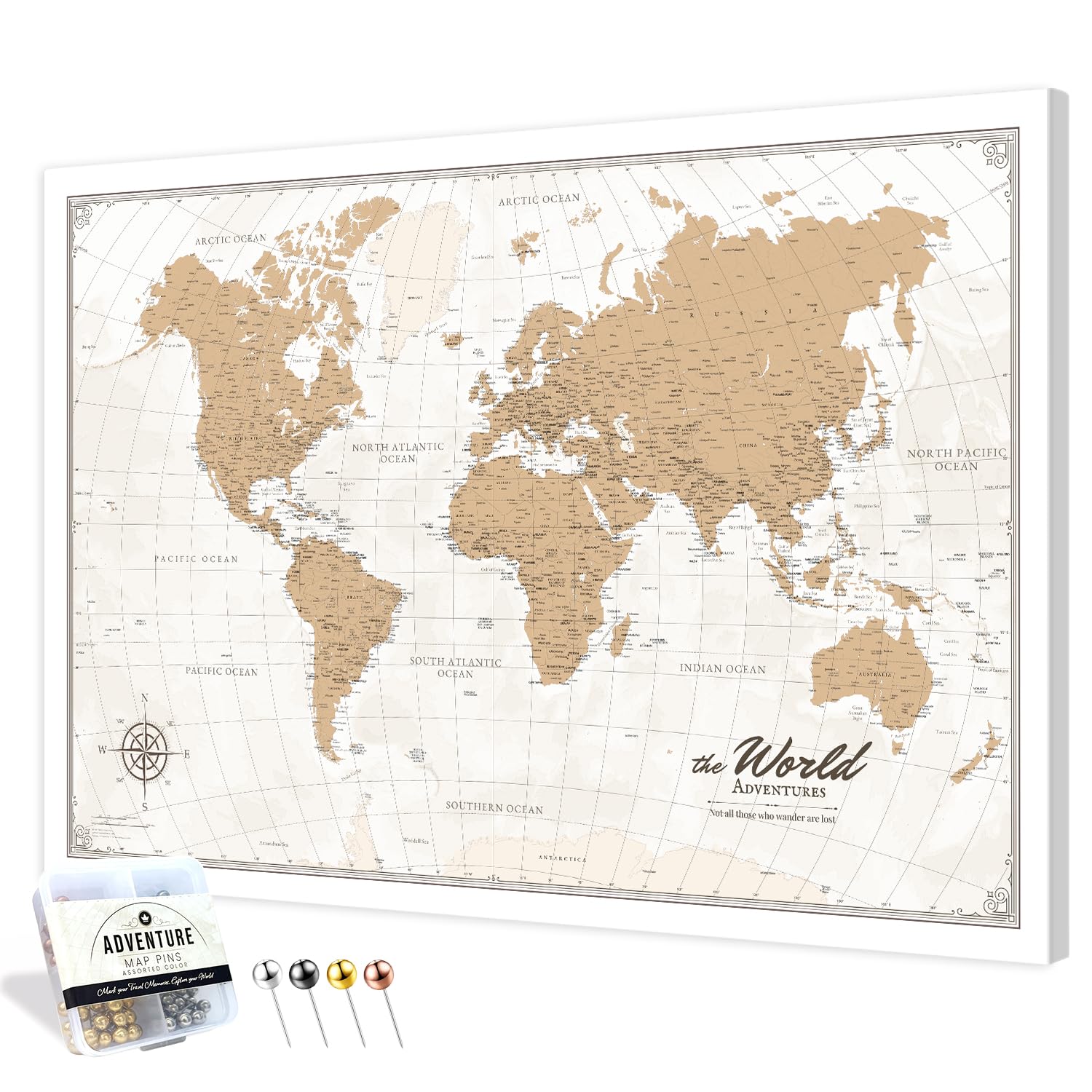 IPIC Vintage World Travel Map with Pins, World Map Pin Board, Size 36x24 in