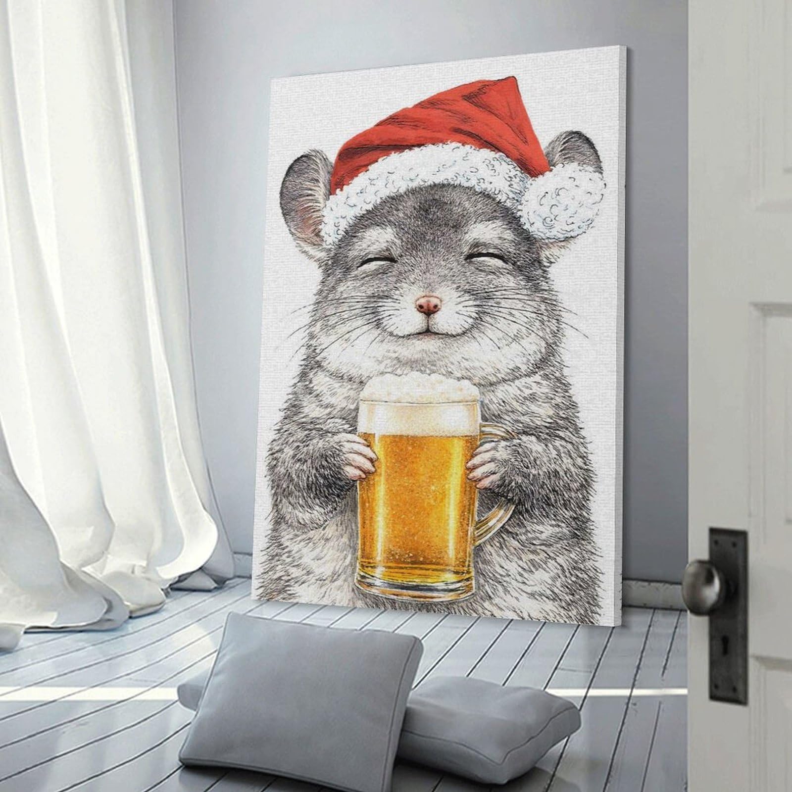 Junmoney Wall Art Print Chinchilla in Santa Hat with Beer, 24x36inch(60x90cm), for Home Lounge, Bedroom Or Reading Nook, Modern Wall Decor for Cosy Interiors