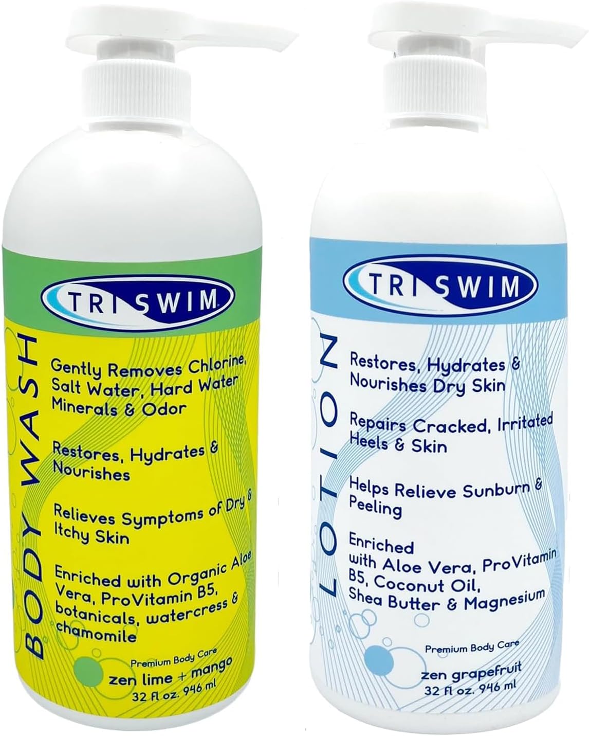 32oz Swim Skin Care Set | Chlorine Removal Body Wash & After Swim Lotion with Pump | Removes Chlorine & Moisturizes Skin After Swimming | Professional Swimmer Care