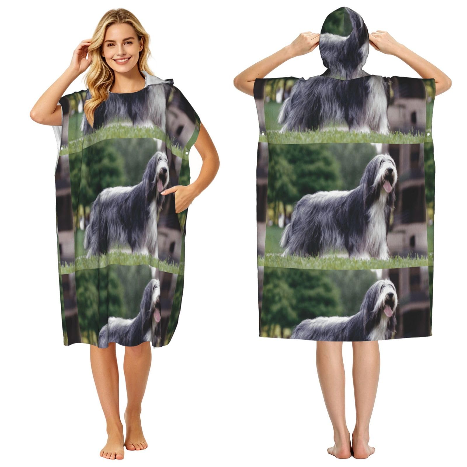 Poadnly Bearded Collie Beardie Curly Gray Dogs Pets, Adult Hooded Beach Towel 90 x 110 cm,Changing Bath Robe, Surf Poncho Towel For Women Men