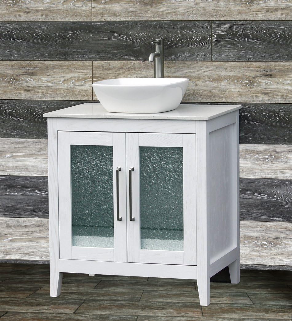 ELIMAX'S30" Bathroom Vanity Solid Wood White Cabinet White Tech Stone (Quartz) Top Ceramic Sink A3021
