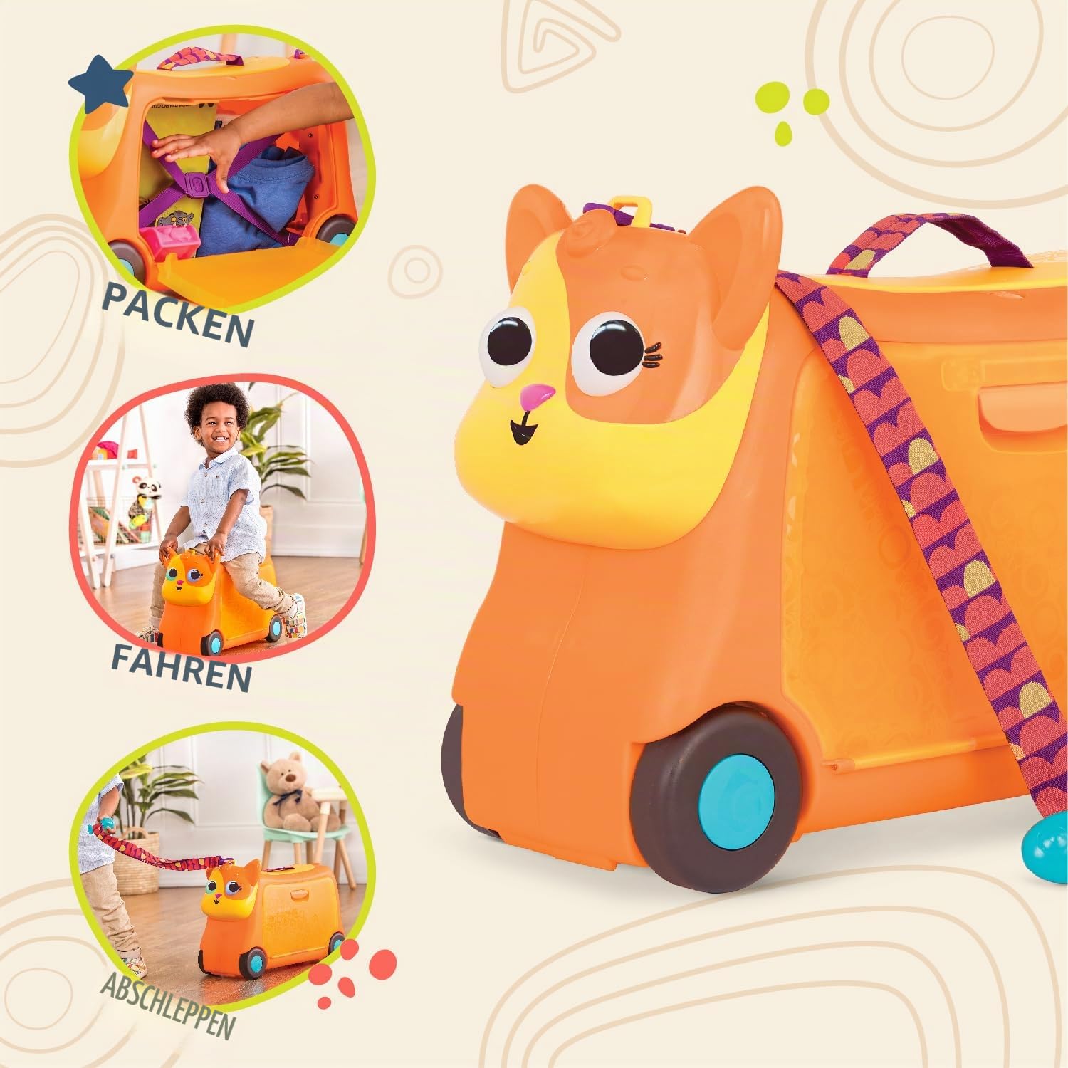 B. toys Gogo Ride-On Lolo, Kinderkoffer zum Aufsitzen, Katze | Kinderkoffer mit Stauraum, elastischen Innengurten, Trageriemen und Fisch als Schlüssel, Katze, Stauraum im Koffer, 2+ Jahre