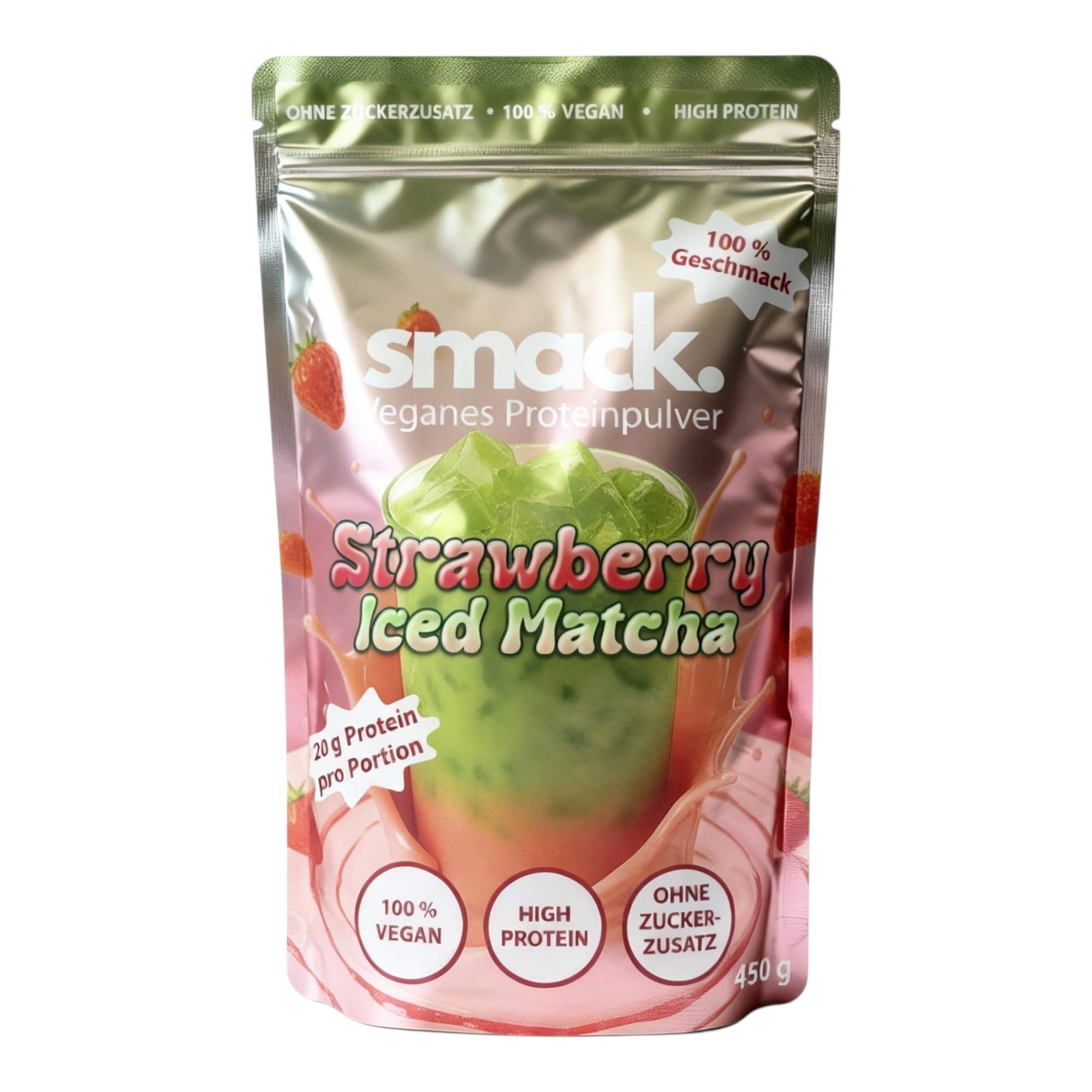 smack. Veganes Proteinpulver - 100% pflanzlich, ohne Zuckerzusatz, cremiger High Protein Shake – 450 g - verschiedene Geschmacksrichtungen (Strawberry Iced Matcha)
