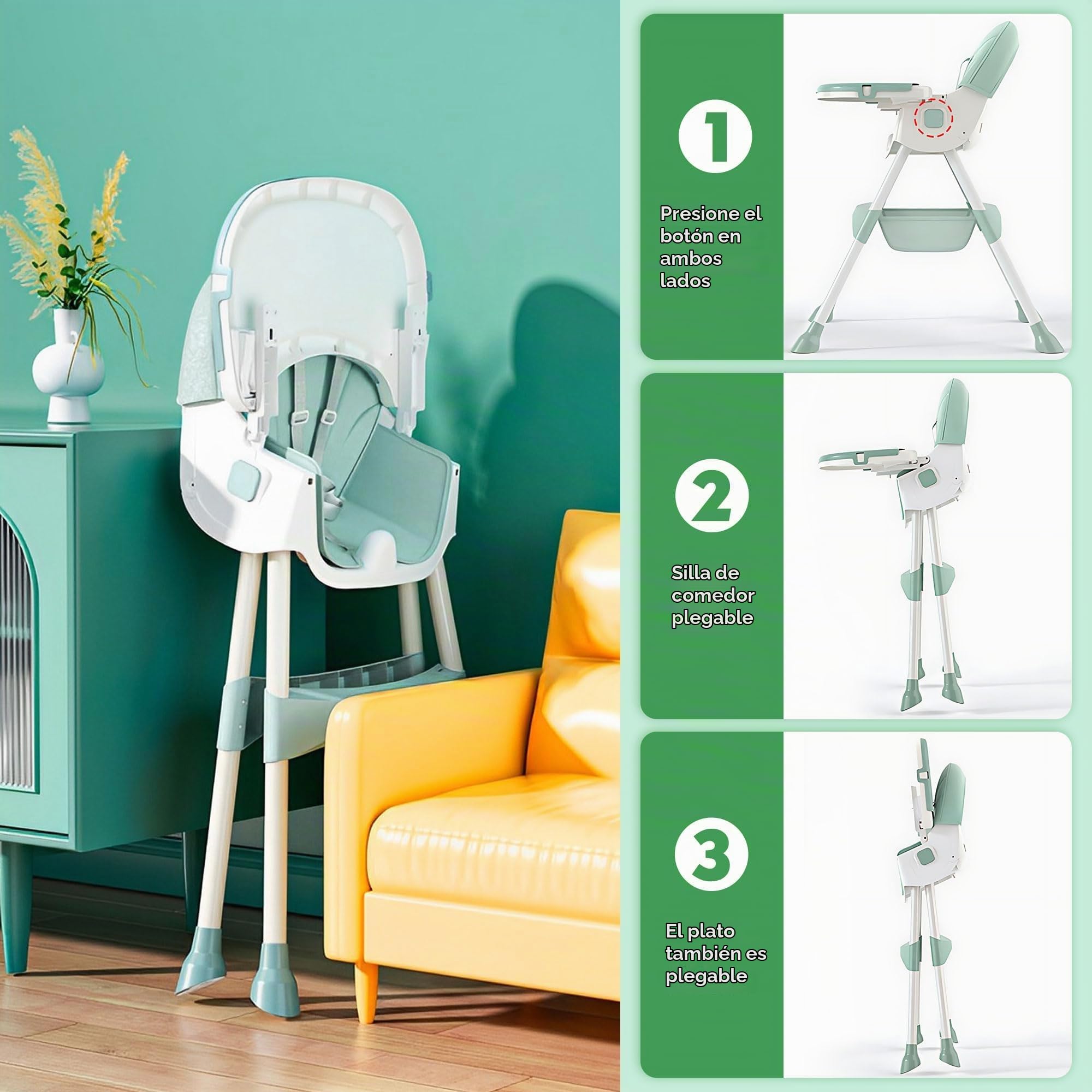 3in1 Trona bebé Ajustable Respaldo para Niño Reclinable 5 Posiciones Trona portatil Plegable Asiento Reposapiés Altura Ajustable 4 ruedas