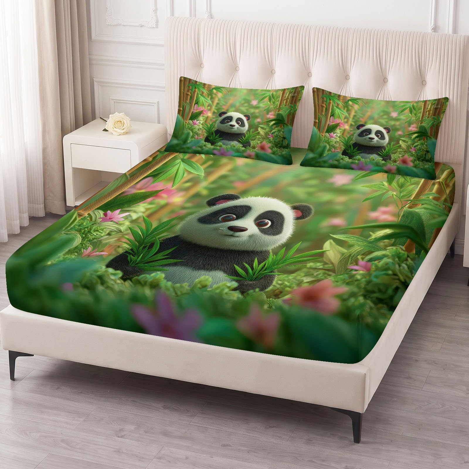 Prześcieradła z gumką z motywem leśnych kwiatów, gigantyczna panda, 30 cm, głębokie dopasowanie, miękka szczotkowana mikrofibra, oddychające, odporne na blaknięcie, kreskówkowe zwierzę, zestaw