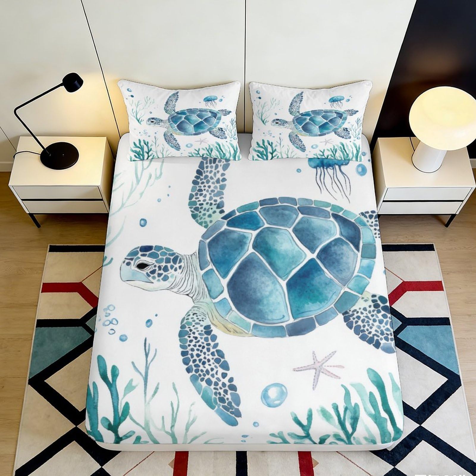 Jqzkxnhpbr Style-1 3D Printed Sea Turtle Fitted Sheet Microfiber Soft Blue Ocean Bed Cover For Bedroom Dorm Guest Room Decor Mattress Protection 90X200x25cm
