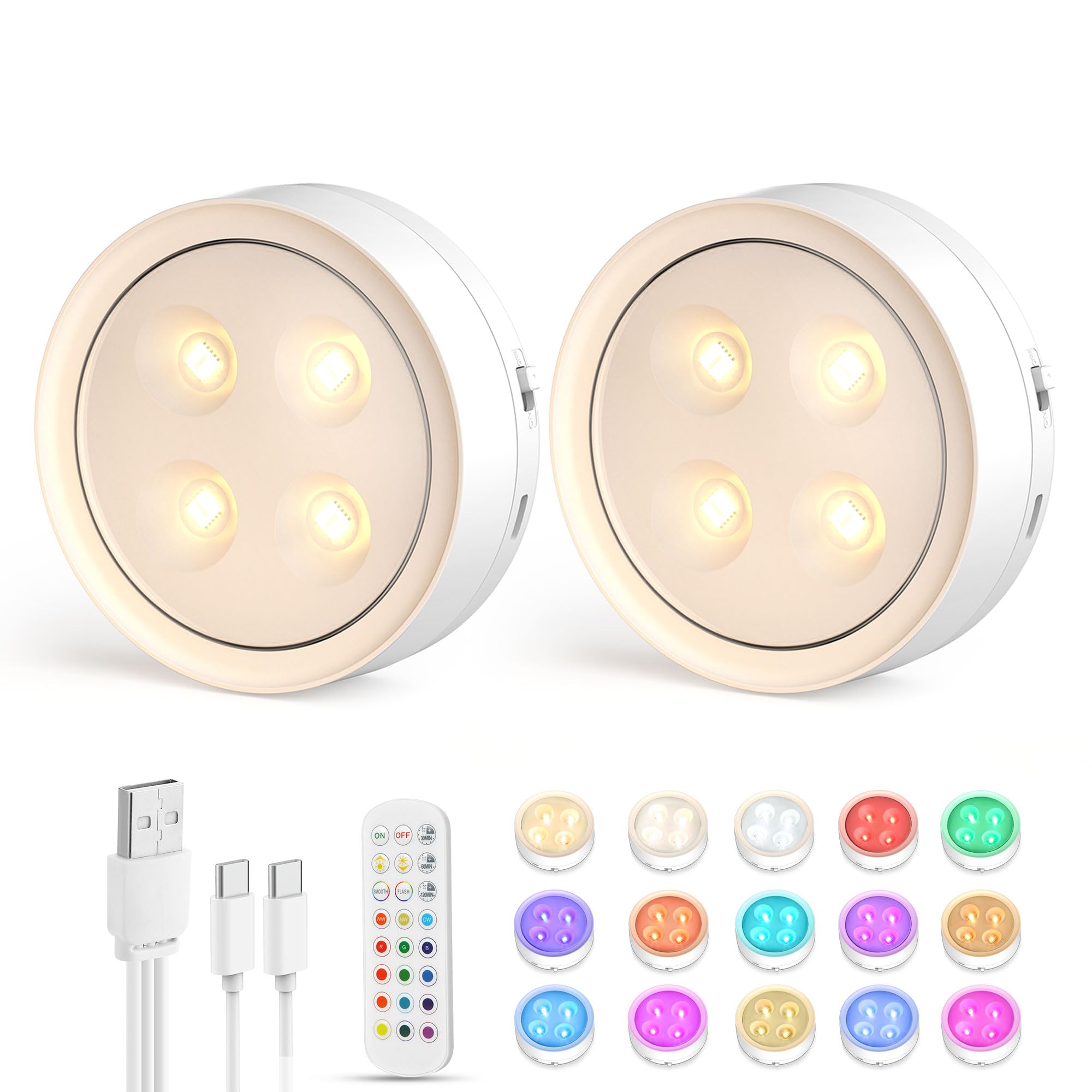 Onumii LED Akku Schrankbeleuchtung mit Fernbedienung USB Aufladbar Unterbauleuchte Magnetisch Kabellos Vitrinenbeleuchtung Spot Timing Funktion für Kleiderschrank, Küche, Schlafzimmer (2er Pack Weiß)