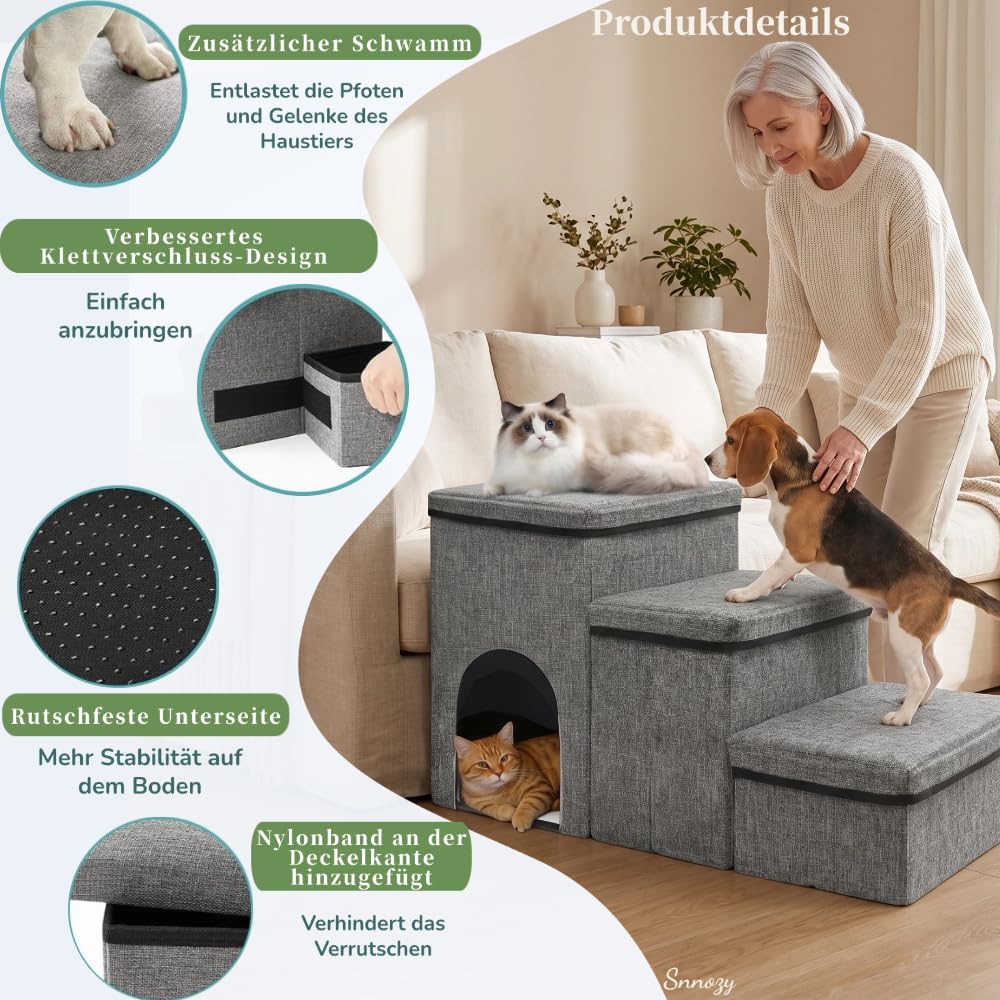 Hundetreppe für Kleine Hunde mit Stauraum und Katzenöffnung, Breite Dog Stairs Faltbare mit Rutschfestem Boden für Bett und Couch, Hundetreppe Kleine Hunde 3 Stufen (Grau)