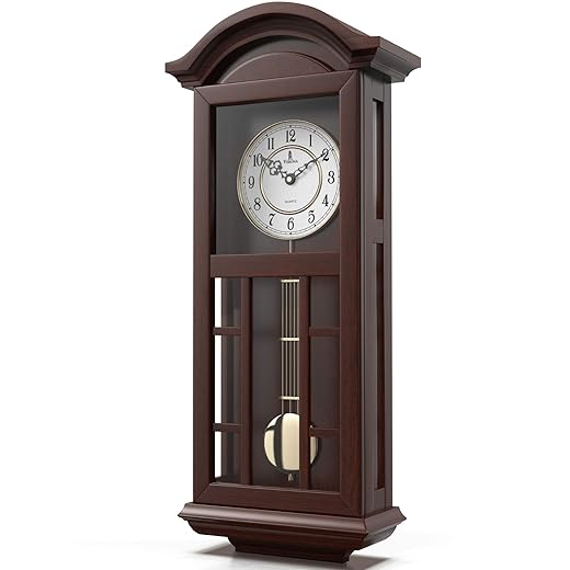 Pendulum Wall Clock 27 inch Wooden Hanging Grandfather Wall Clock with Pendulum Real Wood, Quiet