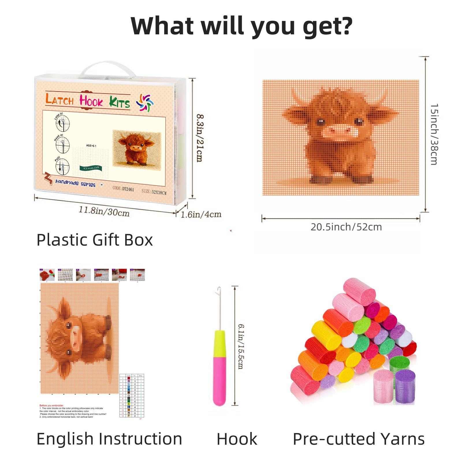 Cute Baby Highland Cow Latch Hook Rug Kit for Adults Pre-Printed Handmade Carpet Crochet Yarn Craft DIY Hook and Latch Door Mat Tapestry Home Floor Decoration 52x38cm(8)