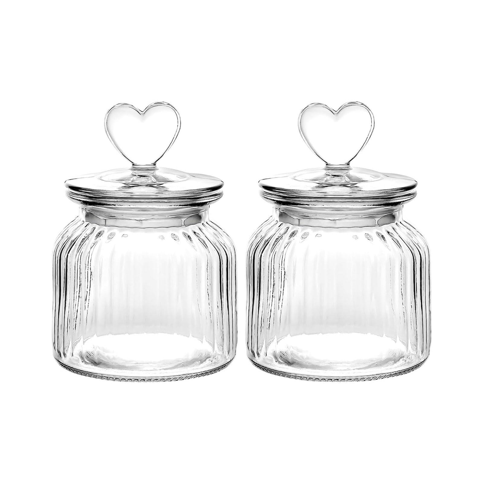 carotoe 2pc Ribbed Front Glassy Canisters with Heart Lid 650ml Capacity Sugar Cookie Storage Visible Content Kitchens Countertops Sturdy Kitchens Pantries Organizers