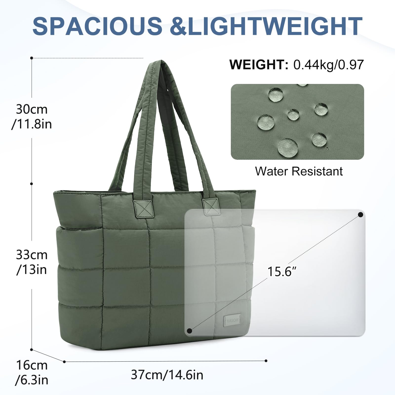 VASCHY Tote Bag for Women, Lightweight Quilted Puffer Work Tote Purse with Zipper for Nurse/Teacher/Travel/Gym Green