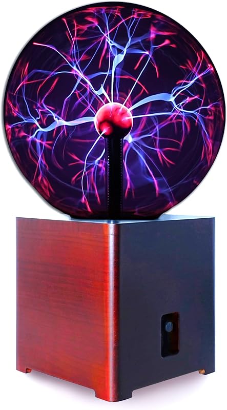 Bola de plasma de 12 pulgadas (base de madera marrón rojiza), globo de plasma, adecuado para iluminación científica y educativa, bares, clubes, fiestas, decoraciones, museos de ciencia, regalos navideños