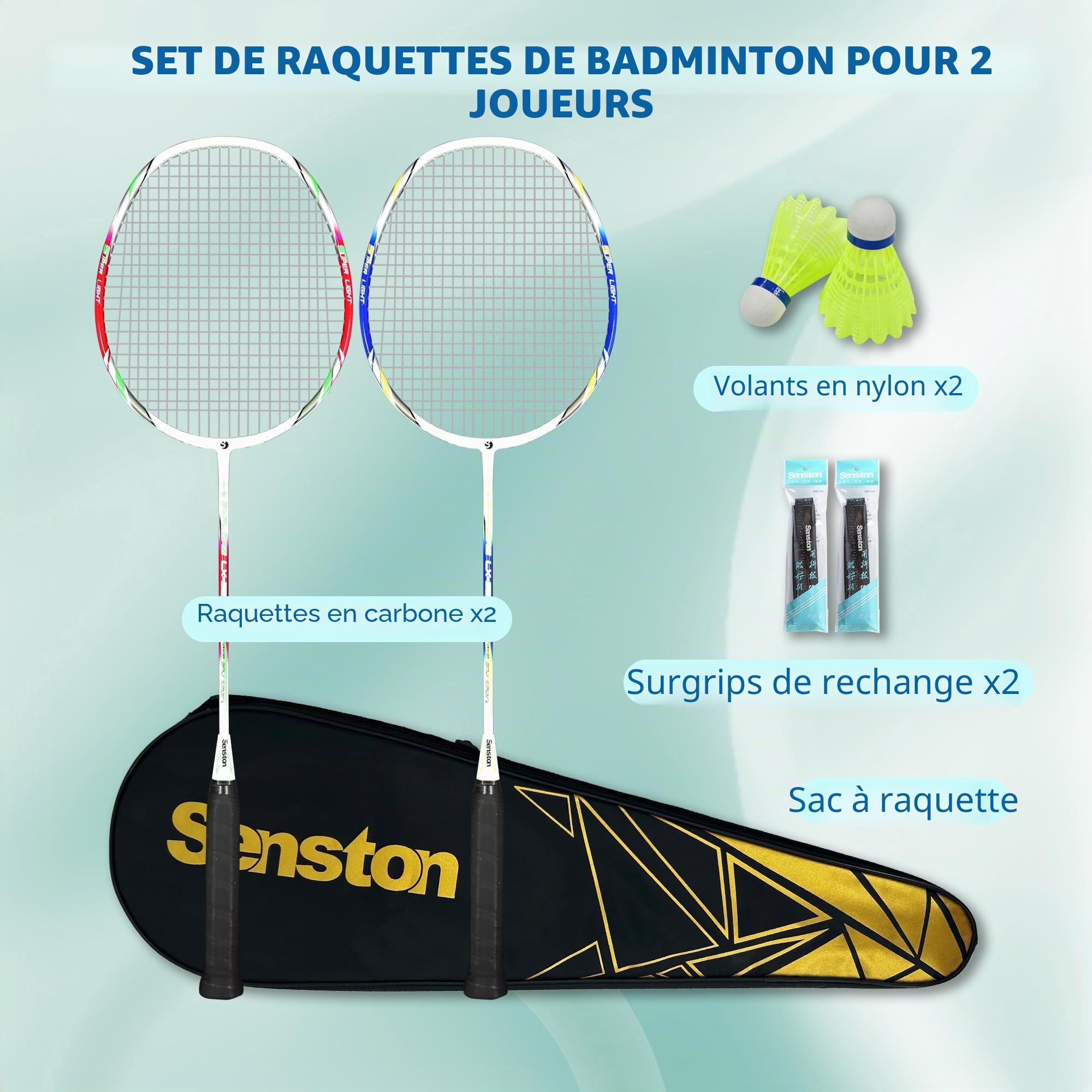 Senston Set de Raquettes Badminton en Graphite, Ultra Légères Badminton Rackets avec T-Joint Intégré, Inclus 2 Volants, 2 Surgrips, 1 Sac, Idéal Débutant, École, Loisir Intérieur/Extérieur
