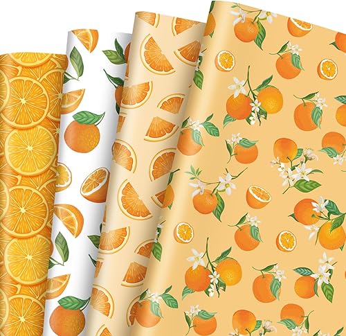 Miniatura 1 de AnyDesign 12 hojas de papel de regalo de frutas, 4 diseños, acuarela naranja, papel de regalo plano plegado, papel de arte cítrico para cumpleaños,