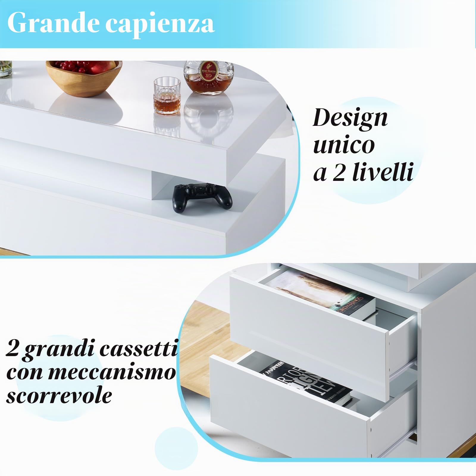 LUXOAK - Set di 2 comodini brillanti con LED e stazione di ricarica - Comodino moderno con 2 cassetti - Tavolino bianco per camera da letto e soggiorno - 58 x 40 x 35 cm