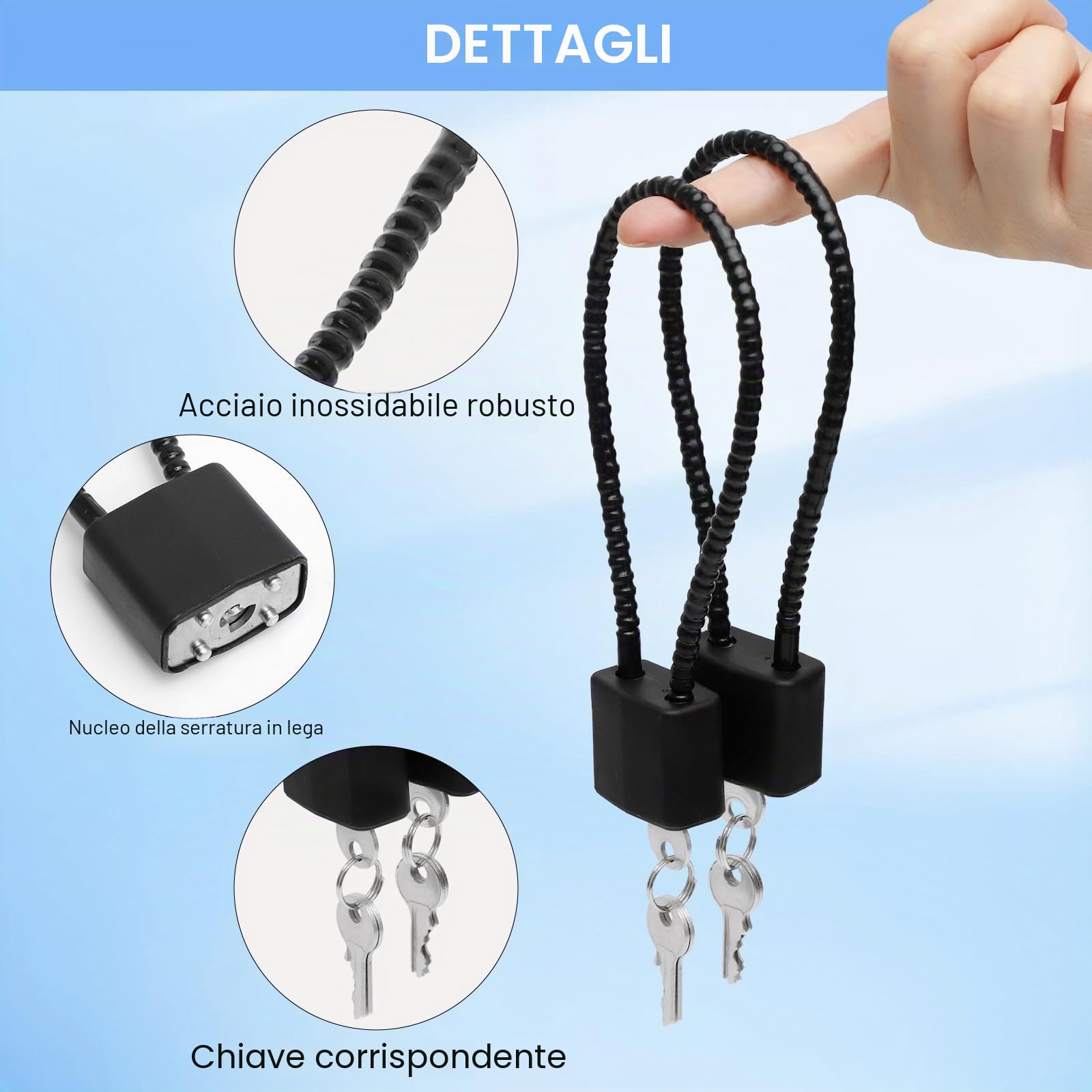 2 Lucchetti con Chiav, Lucchetto 28 CM con Fune Metallica nero a Chiavi Uguali, Lock bici, Lucchetto Armadietto, Lock Bicicletta, per Valigia, Casco, Armadio