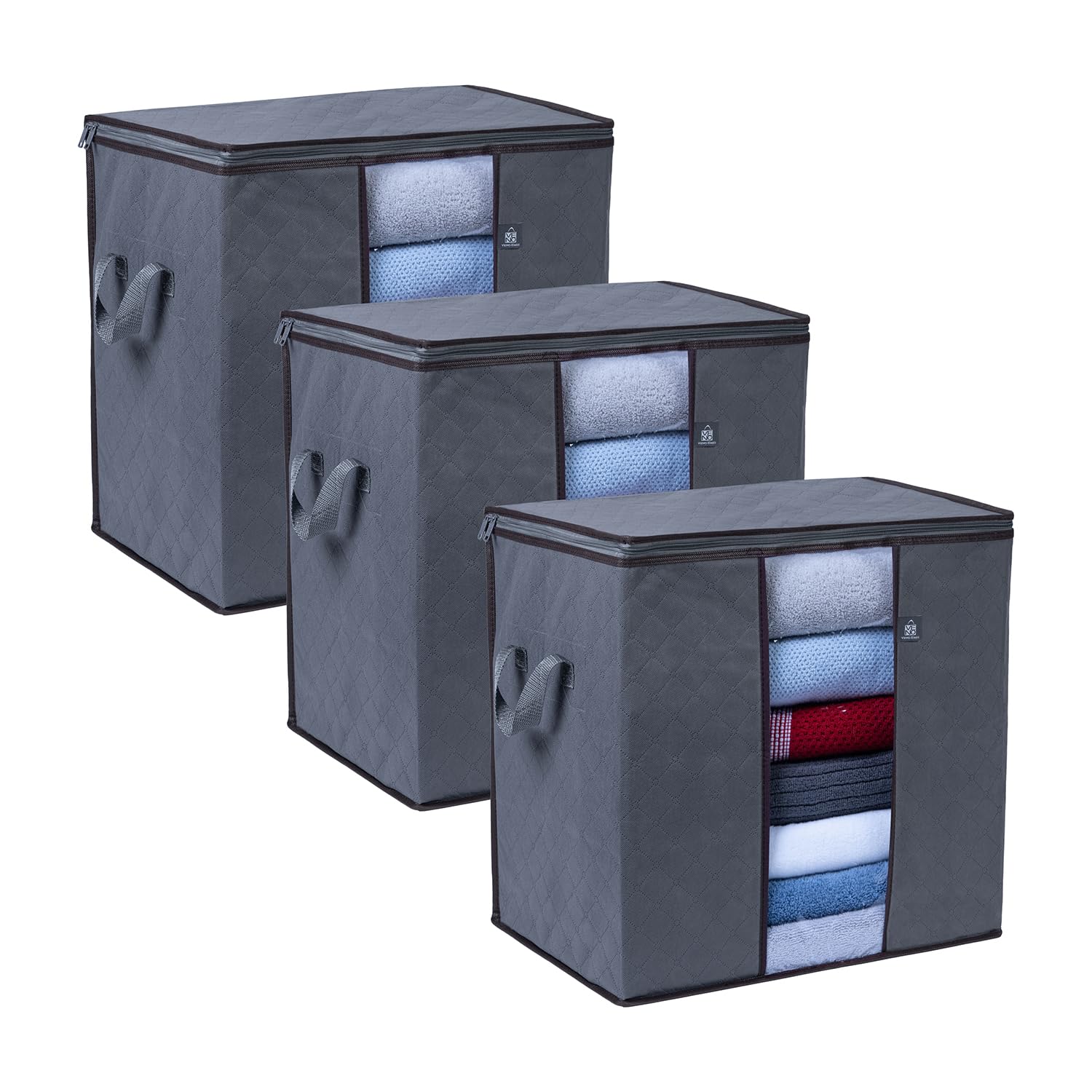 VENO 3 Pack Clothes Storage Bag Organizer with Reinforced Handle Thick Fabric for Comforters, Blankets, Bedding, Foldable with Sturdy Zipper, Clear