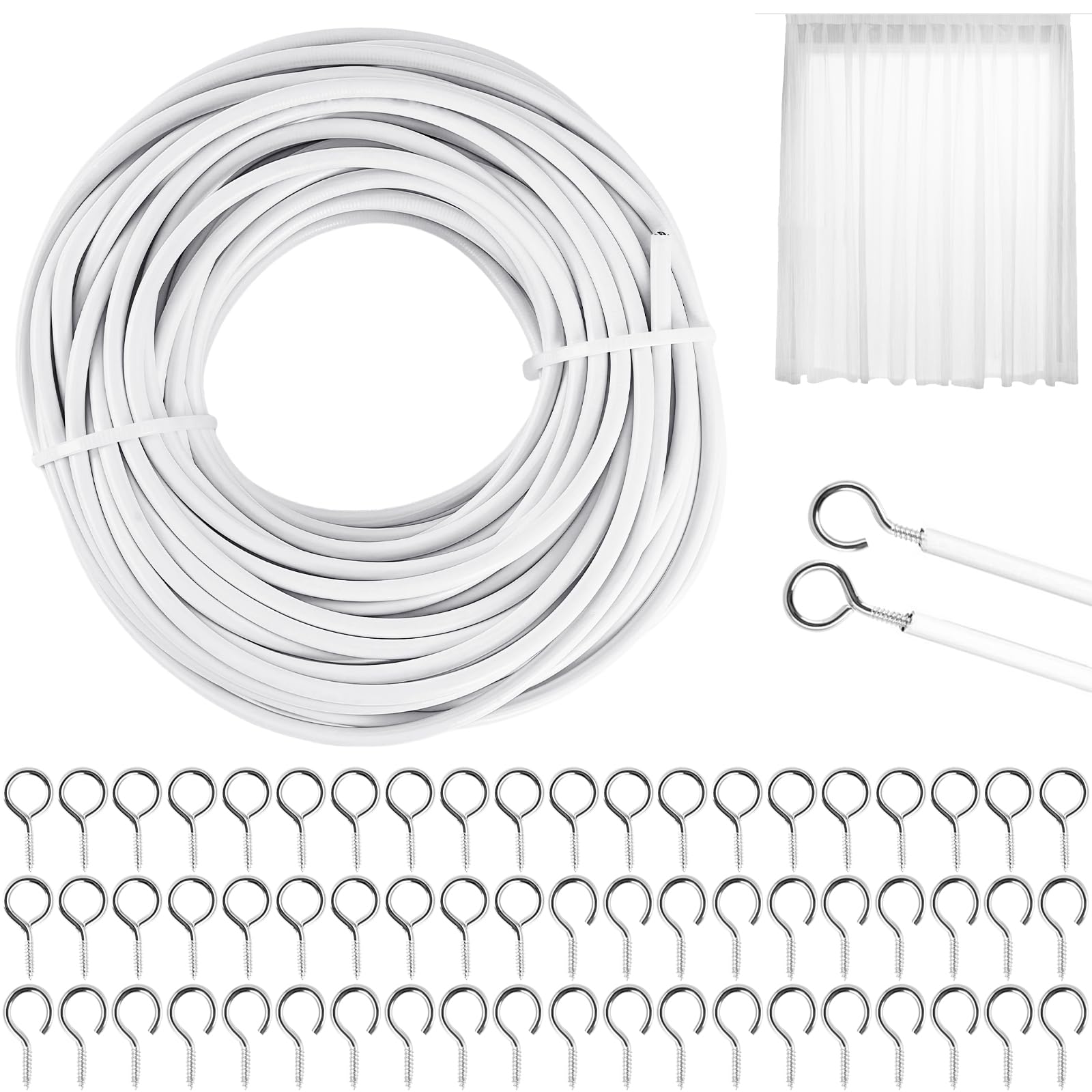 Fil de Rideau Blanc 15M avec 30 Paires Crochets et Yeux Kit Corde Suspendue pour Rideaux