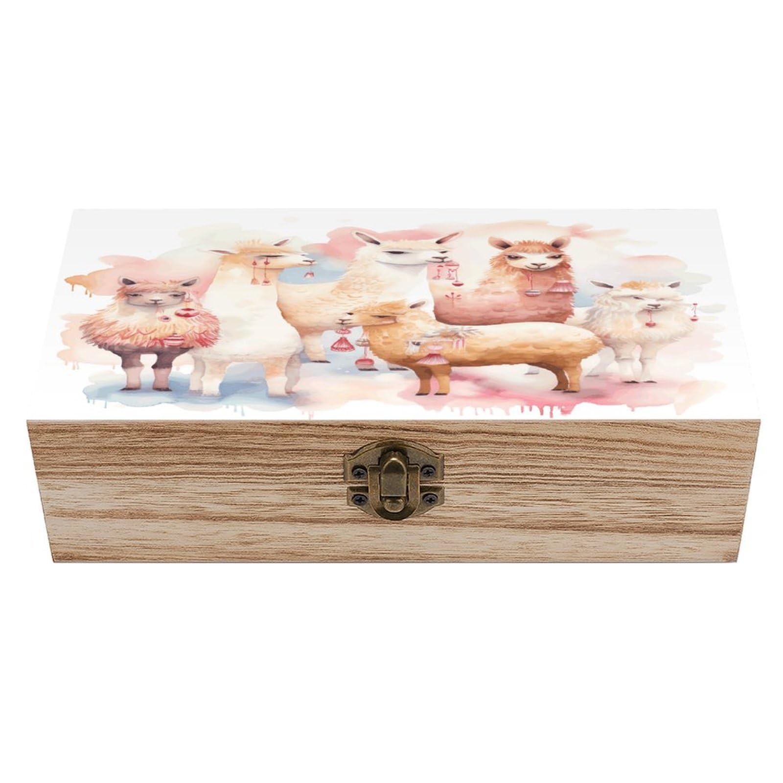 VstaDank Alpaca2 Wooden Storage Box Wooden Keepsake Box with A Hinged Lid Fashion Memory Treasure Boxes Decorative Jewelry Case for Crafts Photo Home Decor Wood Gift Box