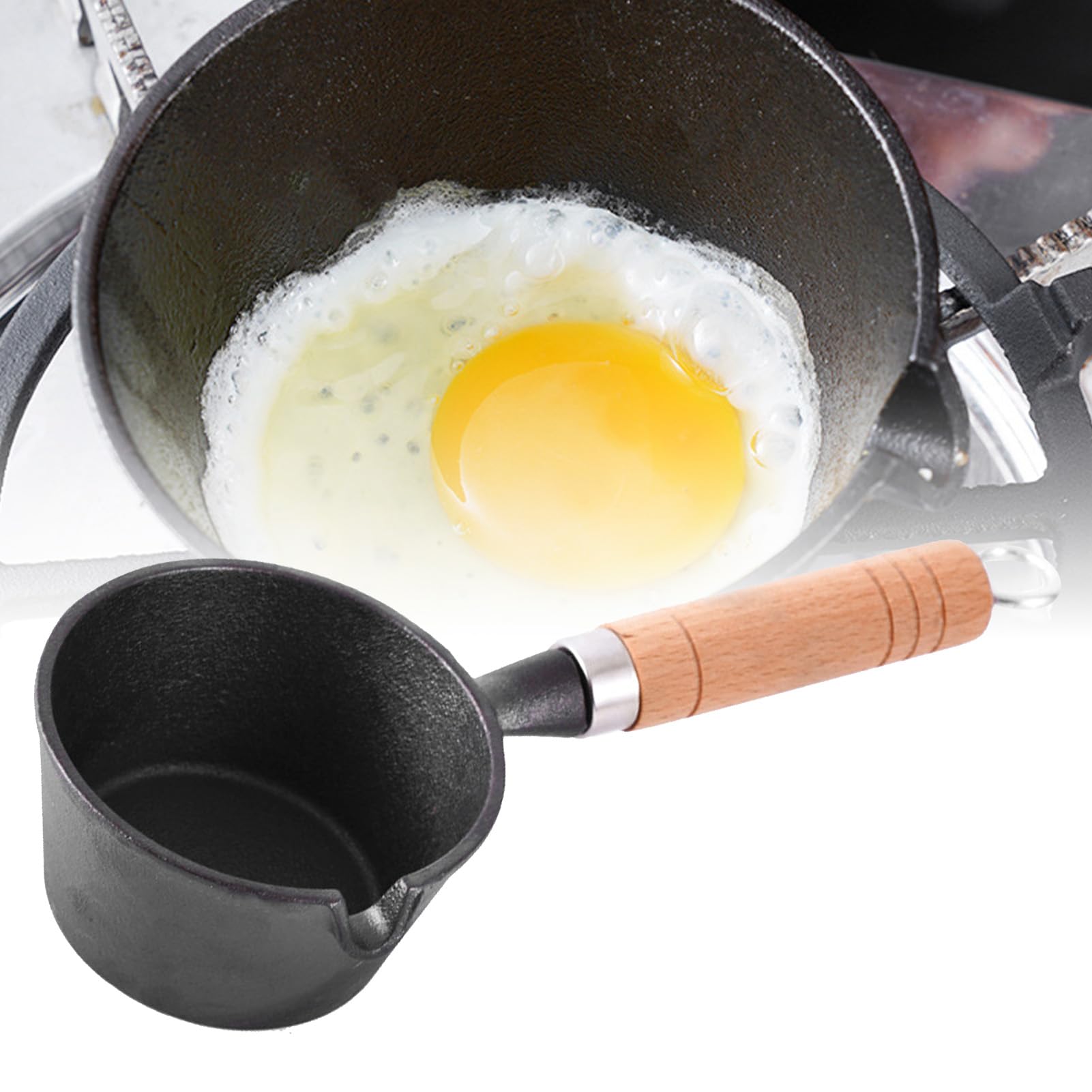 Mini Butter Melting Pot Round Sturdy Cast Iron Dripless Spout Wooden Handle Omelette Fry Pan for Home Kitchen Cooking Enthusiasts