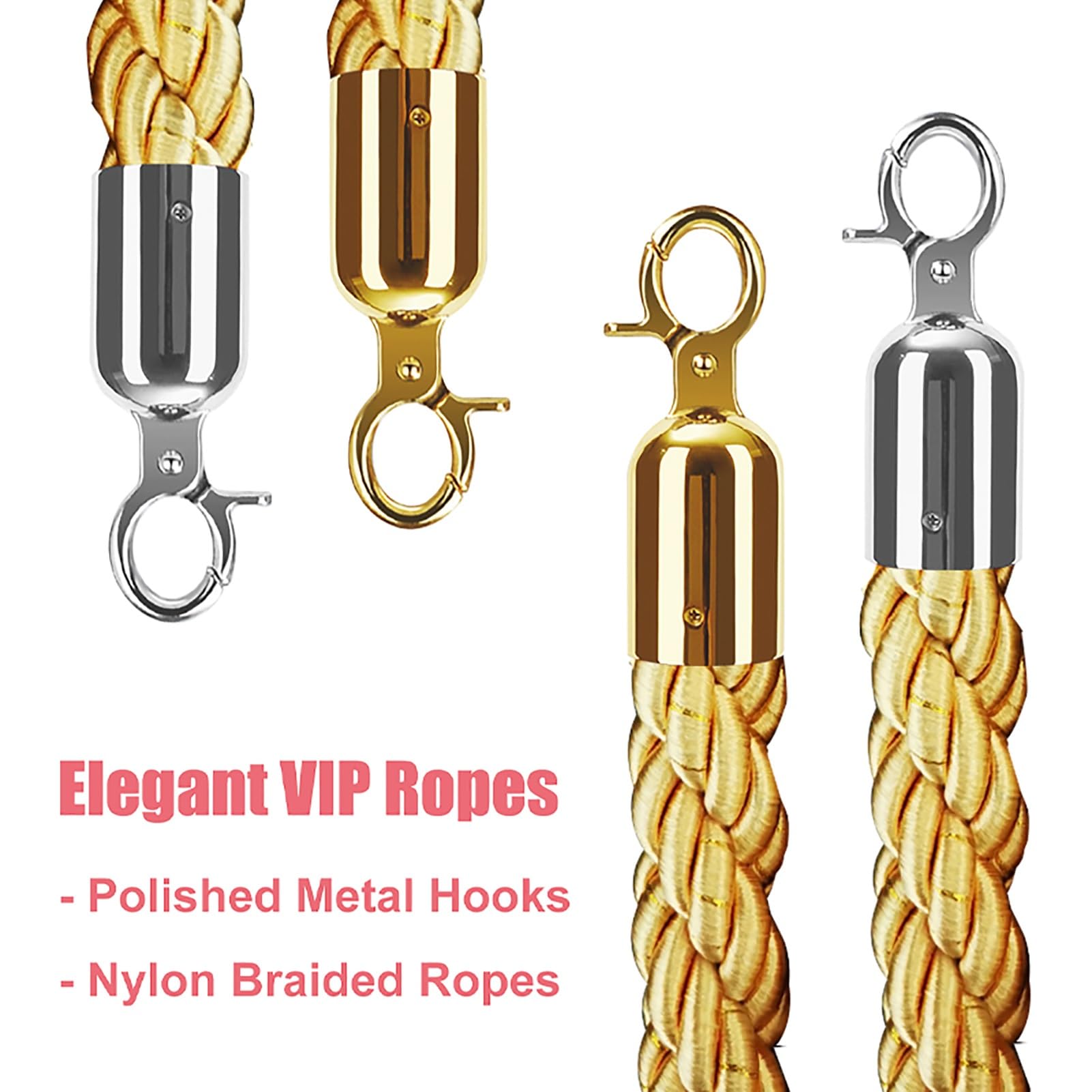 2 Pack Gold Velvet Ropes Only, 1m 1.2m 1.5m 2m Long Yellow Stanchion Post Rope, Velvet Barrier Ropes for Theaters, Hotels, Weddings (Size : 0.9m/3ft)