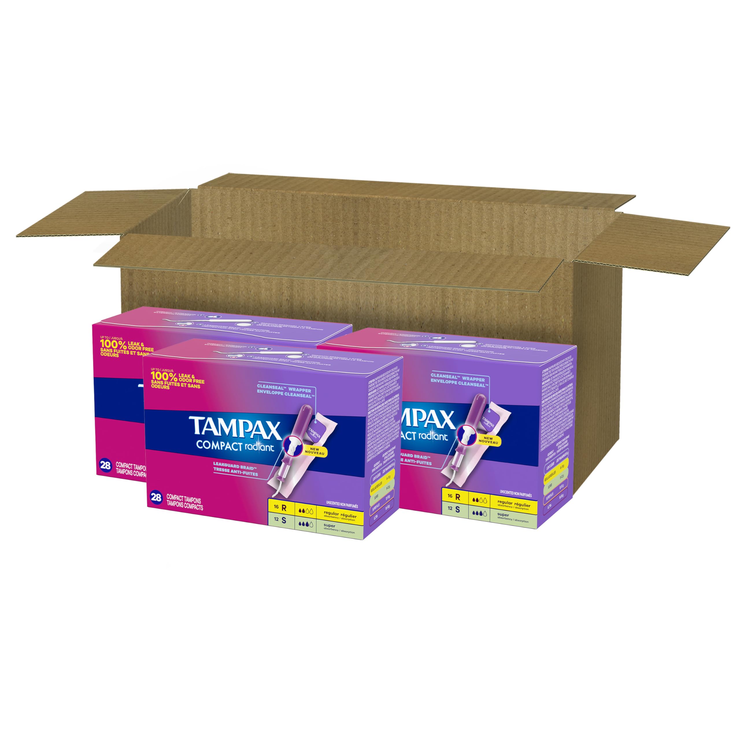 Tampax Compact Radiant Tampons for Women Multipack, with LeakGuard Braid & Extendable Applicator, Regular/Super Absorbency, Unscented, 84 Count (Pack of 2)