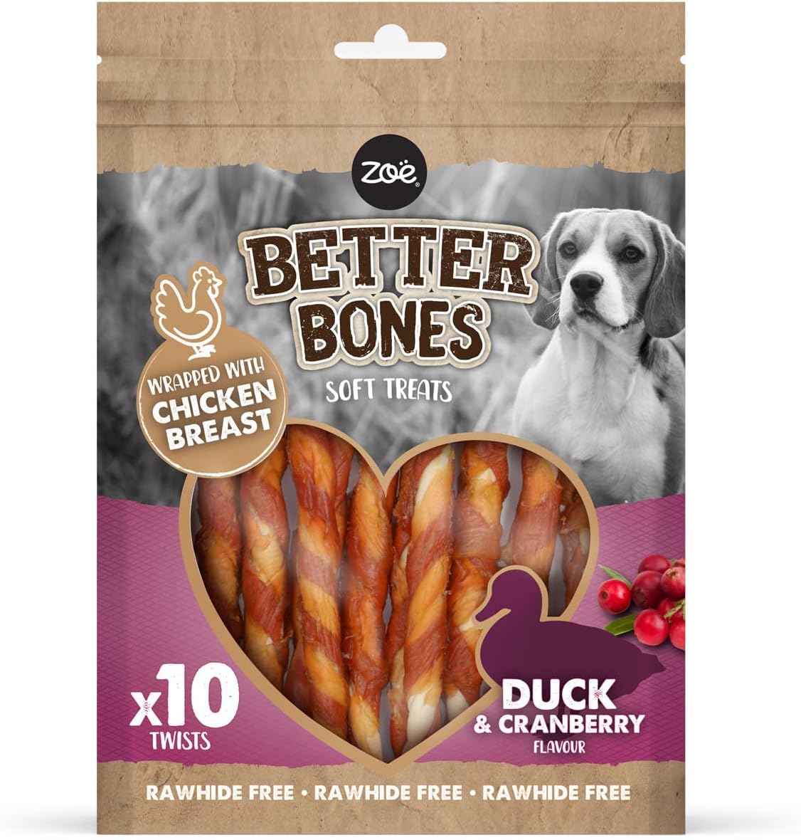 Zoë Better Bones Soft Dog Treat Chews, Pouch of Rawhide-Free, Chicken-Wrapped Twist Dog Training Chews - Duck & Cranberry Flavour, 1 Bag of 10 pcs