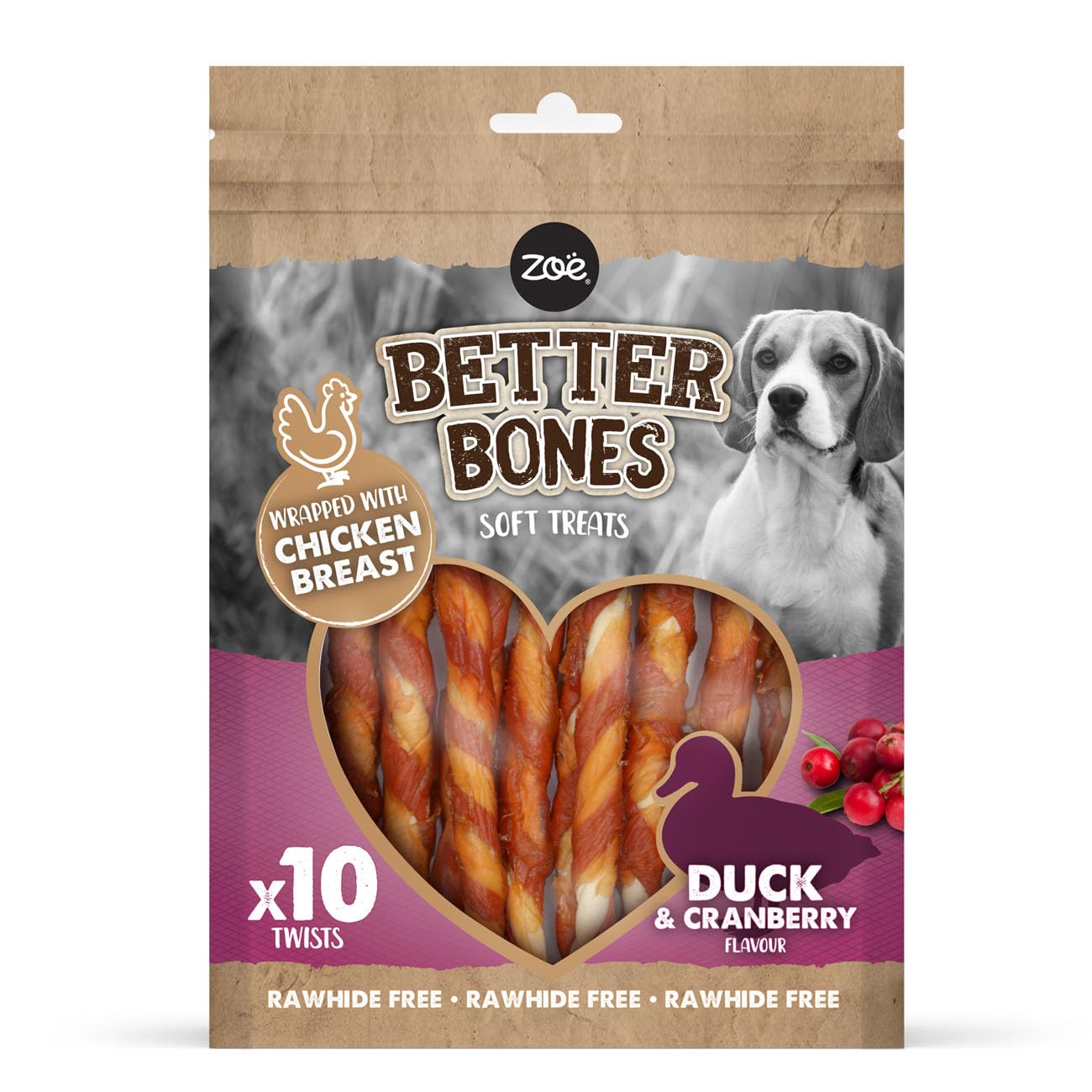 Zoe Better Bones Soft Dog Treat Chews, Pouch of Rawhide-Free, Chicken-Wrapped Twist Dog Training Chews - Duck & Cranberry Flavour, 1 Bag of 10 pcs