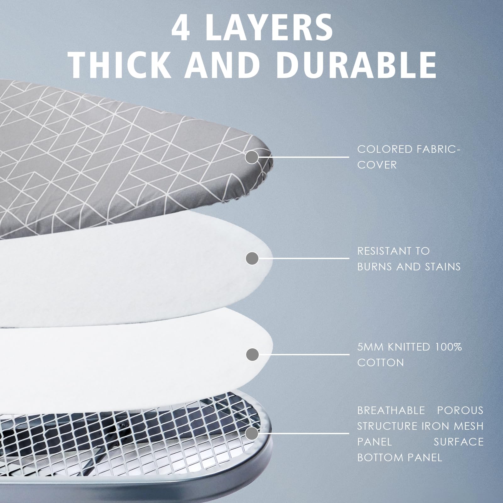 DEWINNER Table à Repasser Pliable 120 x 45 cm,Housse géométrique 100% Coton à la Mode, Verrouillage Sécurisé,7 Niveaux De réglage De La Hauteur,Repassage Pratique pour Un Usage Domestique(Gris)