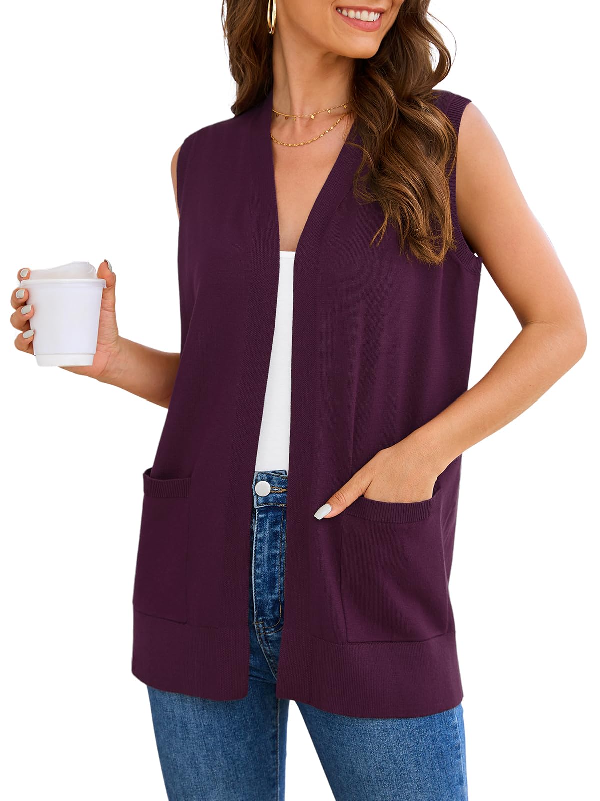 Wiwclo Veryoung Women Vests Fashion Casual Sleeveless Cardigan Sweaters Soft Knit Dressy Ladies Sweater Vest with Pockets