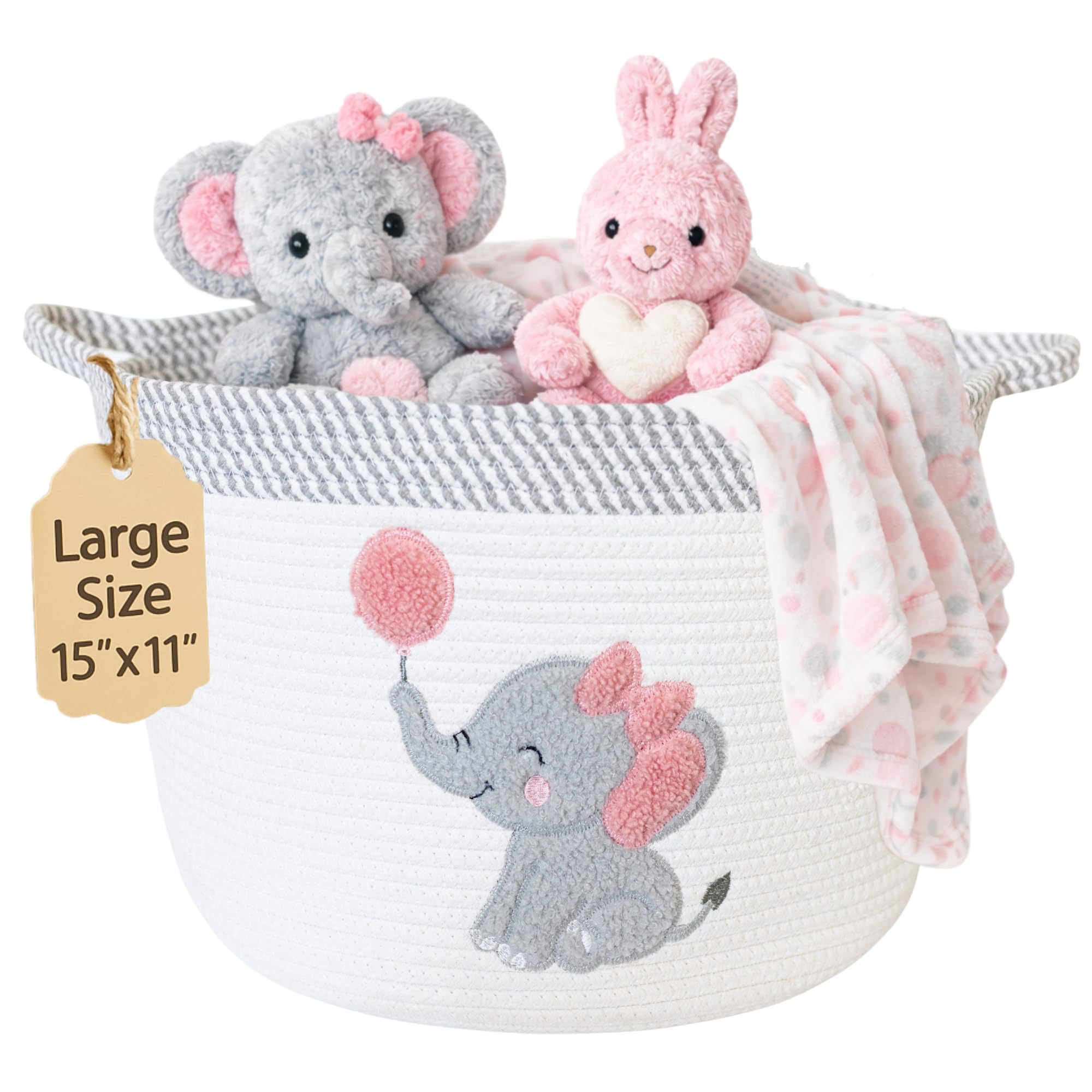 Elephant Storage Basket for Nursery – Large 15”x11” Cotton Rope Bin with Soft Felt Elephant Patch – Toy Organizer, Baby Laundry Hamper, Diaper & Towel