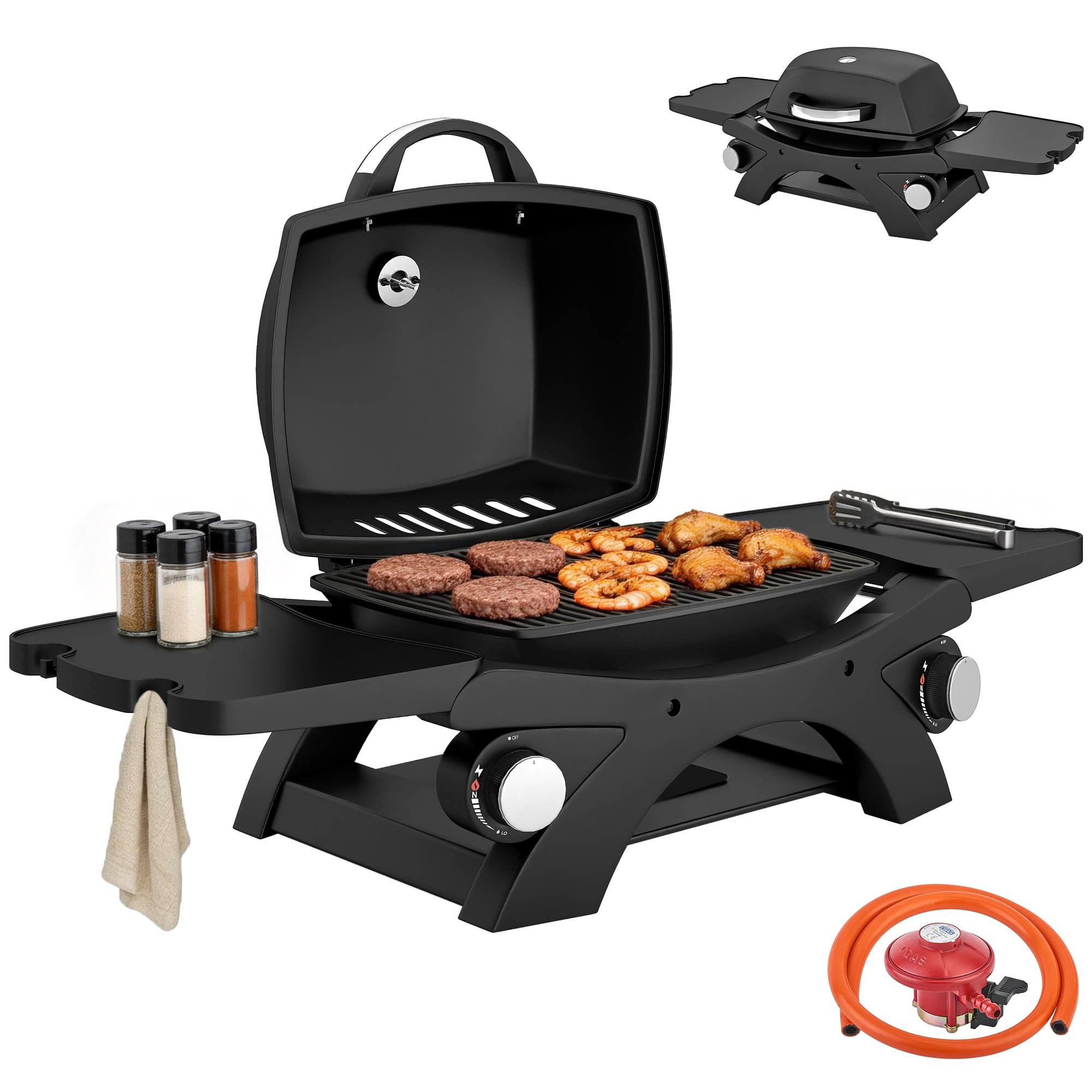 Outsunny 2 Burner Gas Grill with 2 Detachable Side Tables, 3.8 KW Steel Barbecue Grill with Cast Iron Grates, Tabletop BBQ with Lid, Thermometer, Grease Tray, 4 Hooks, Black