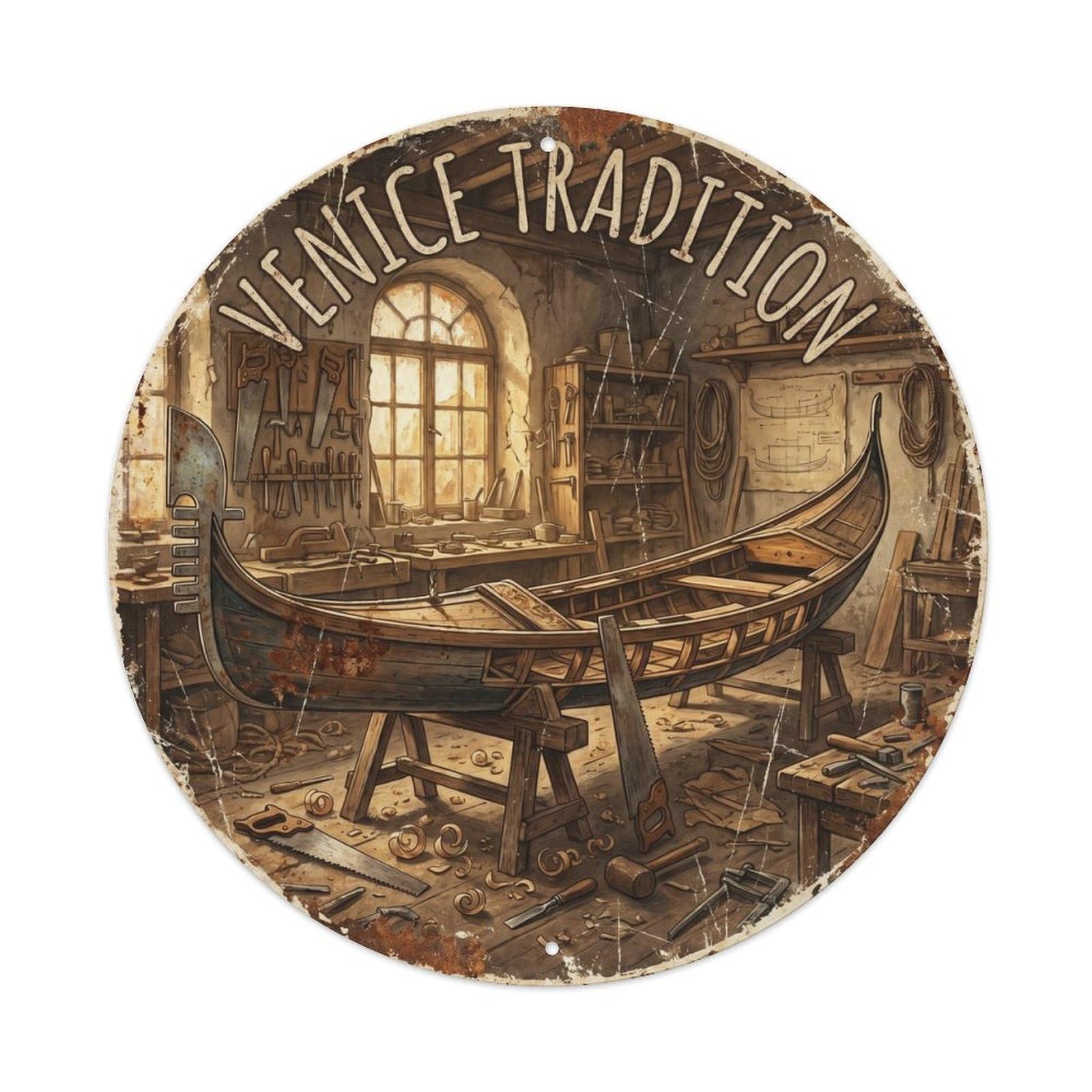 Gondola Venetian City Expedition Classic Destination Metal Tin Sign Plaque Wall Decor for Cafe, Man Cave, Club Bar, Office, Home Garden Round Metal Poster 8x8Inch