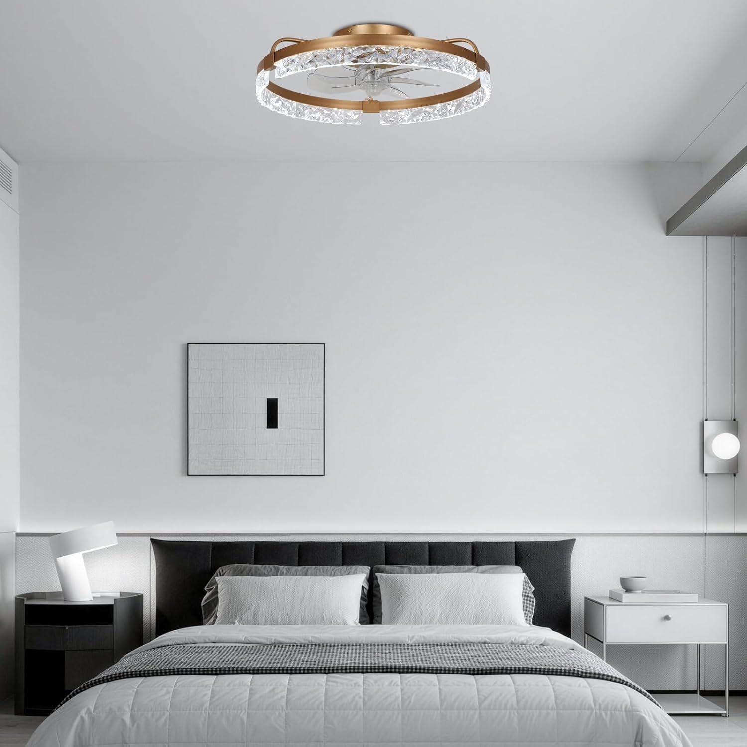 20" Gold Flush Mount Bladeless Ceiling Fan with Lights, Enclosed Low Profile Fan Light, Remote Dimmable 3CCT LED + RGB Ambient Light, Quiet Reversible DC Motor, 6 Speeds Timer, 60W Bedroom