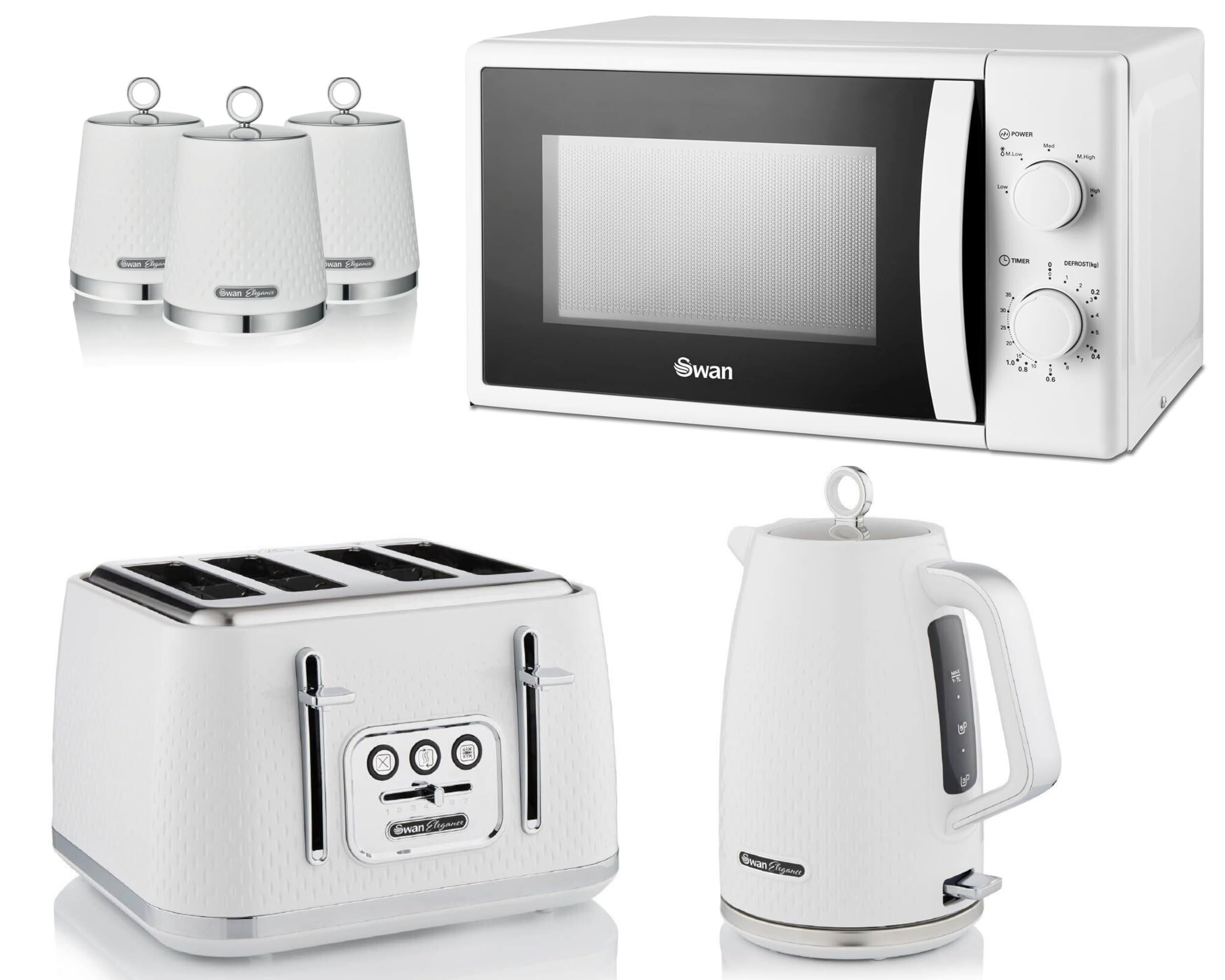 Swan Elegance White 1.7L Kettle, 4 Slice Toaster and 3 Canisters - Premium Textured White Finish and Chrome Accents plus 700W 20L Microwave SM4420WHT. Contemporary Matching Kitchen Set of 6