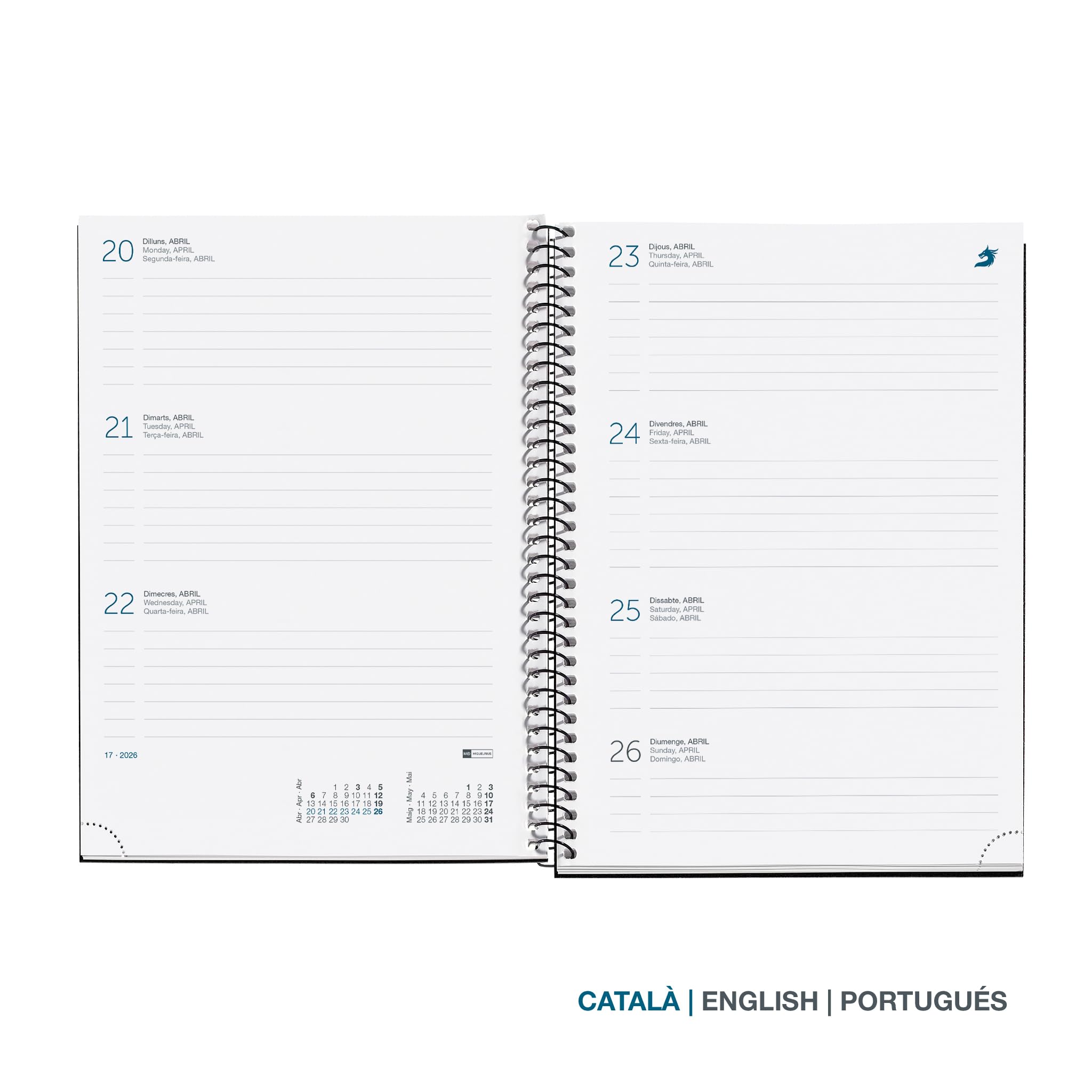 Miquelrius - Daily Planner 2026 Small Size (90 X 140 Mm) Daily Planner, Hard Cardboard Cover, Spiral Bound, Elastic Closure, Paper 80 G/m², ES-EN-PT, Blooming