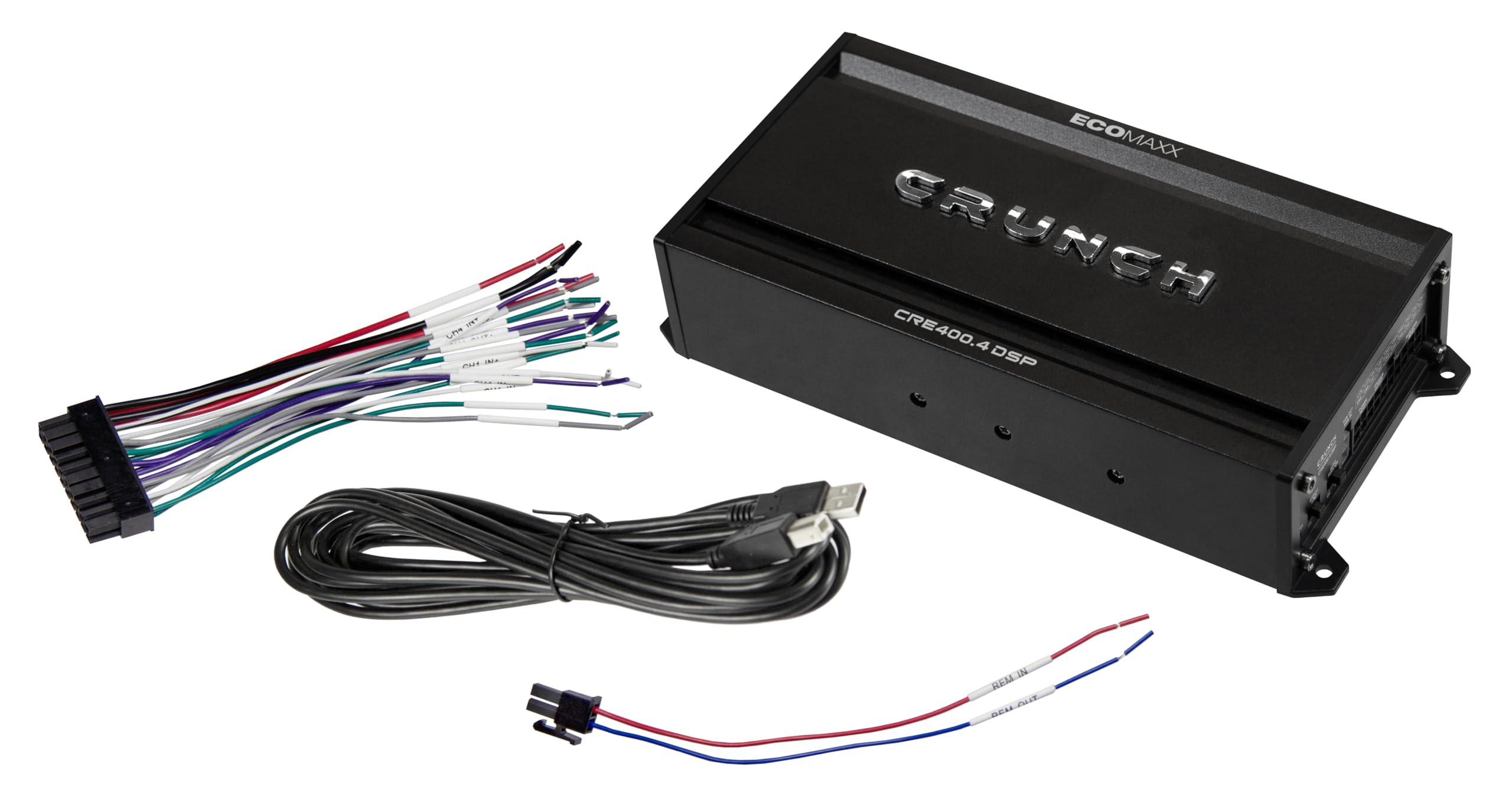 CRUNCH CRE400.4DSP - 4 Kanal CLASS A/B Auto Verstärker - 4 x 50W - und integriertem 6 Kanal 32 Bit DSP - integriertem Bluetooth für Audio Steaming und APP Steuerung | ECOMAXX Serie