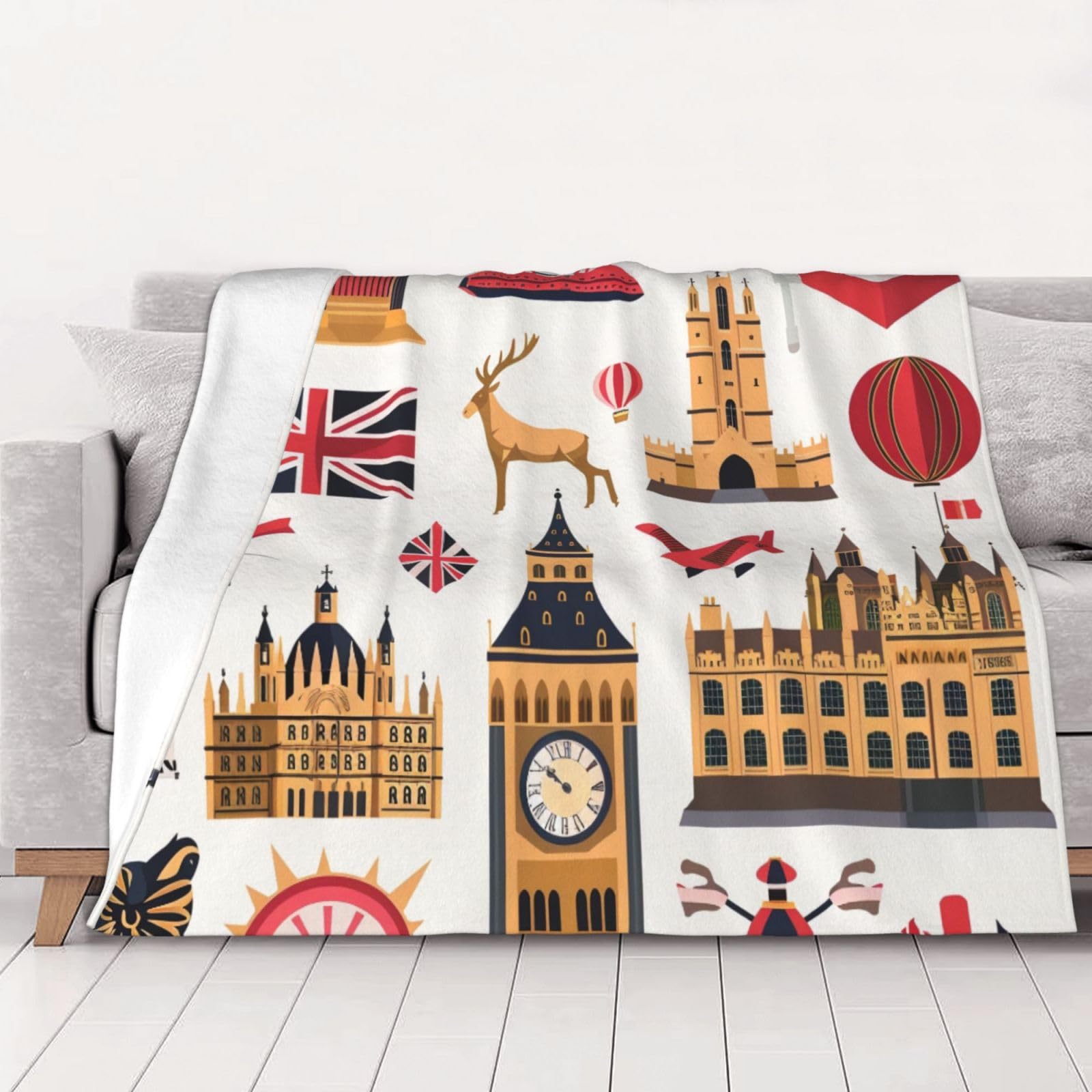 AUBKFELD England Symbols Printed Flannel Blanket 150x125 CM, Soft & Warm Throw Blanket for Sofa/Couch/Bed/Car, Gifts for Audlts Women Men