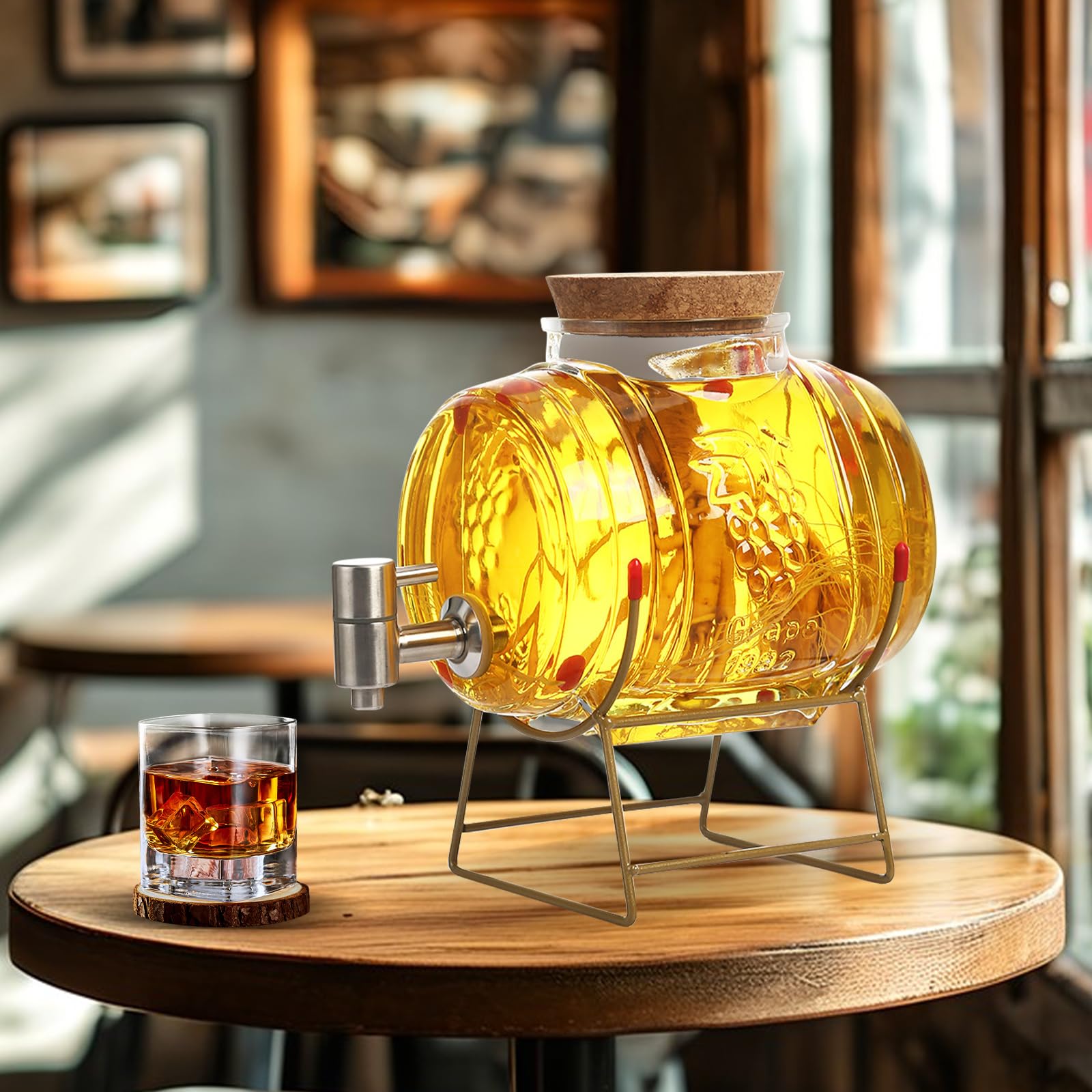 Dispenser di bevande in vetro con rubinetto in acciaio inox, con supporto in metallo e coperchio per bevande calde o fredde, distributore di birra, distributore di bevande per acqua, succhi di